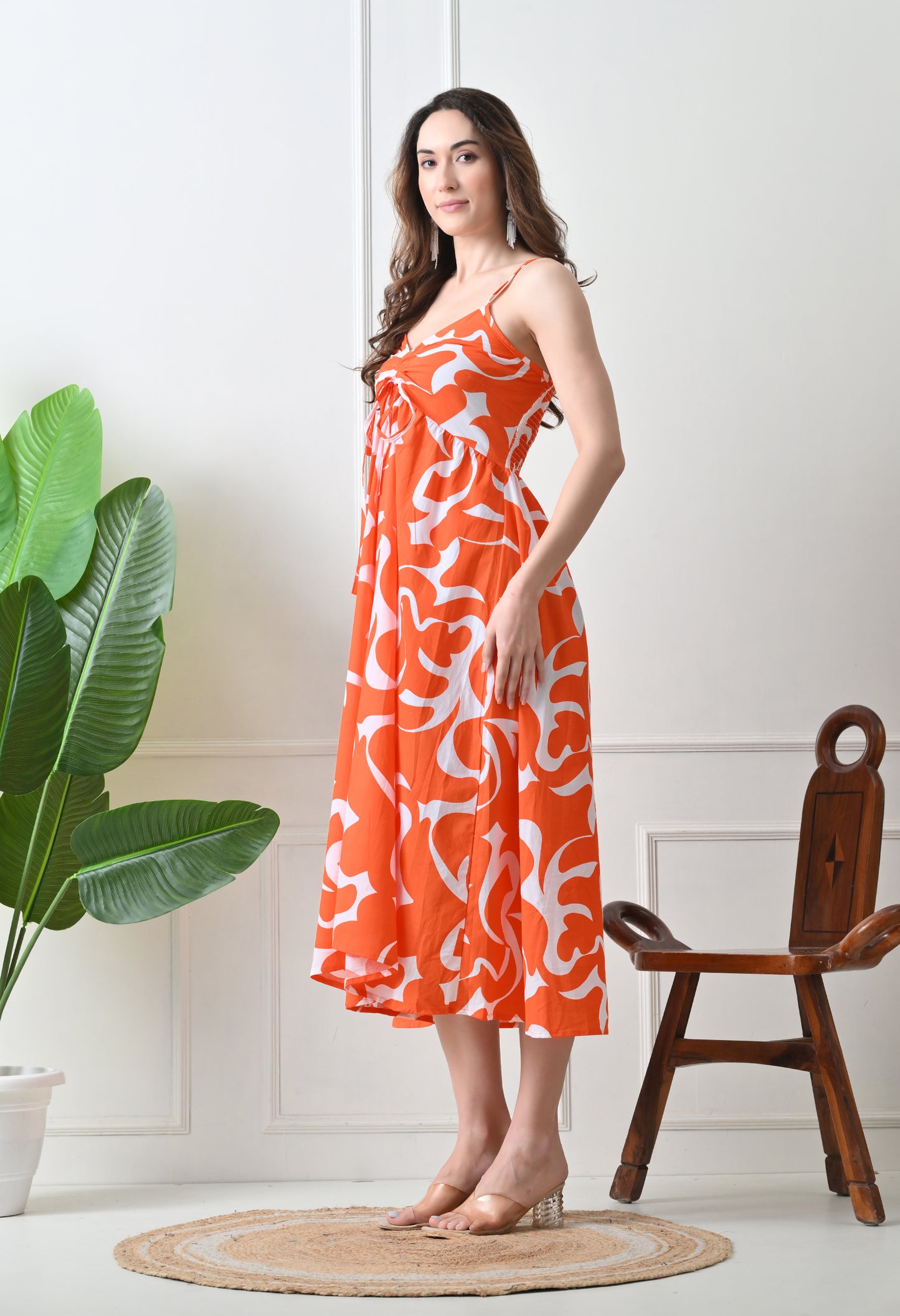 Orange Printed Cotton Fit and Flare Strap Dress
