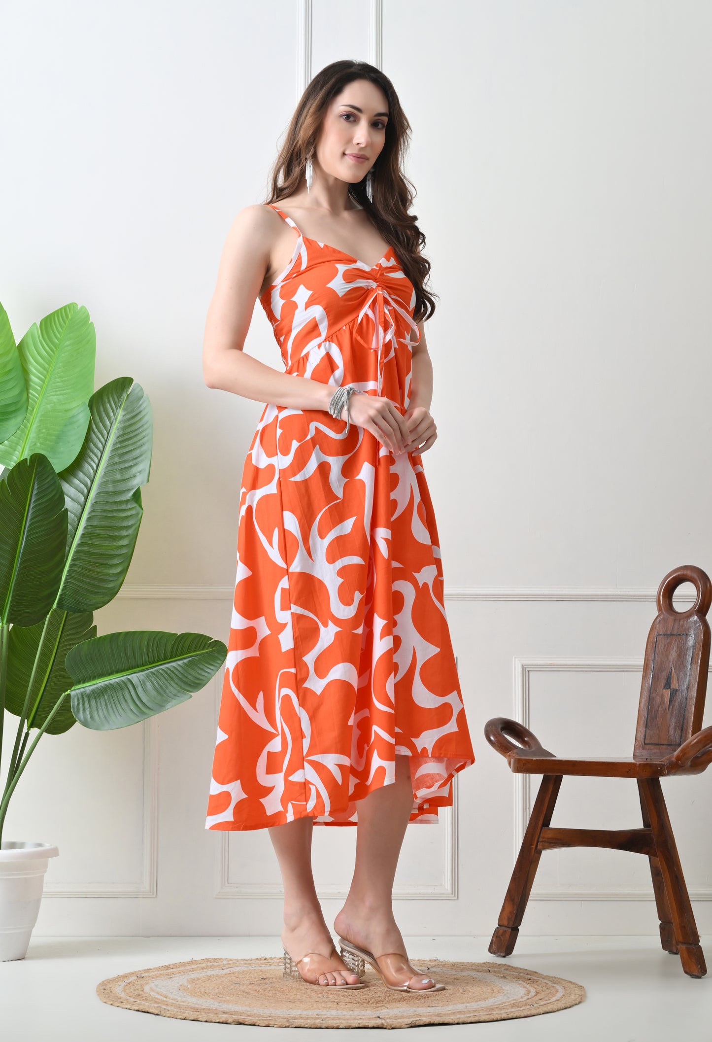 Orange Printed Cotton Fit and Flare Strap Dress