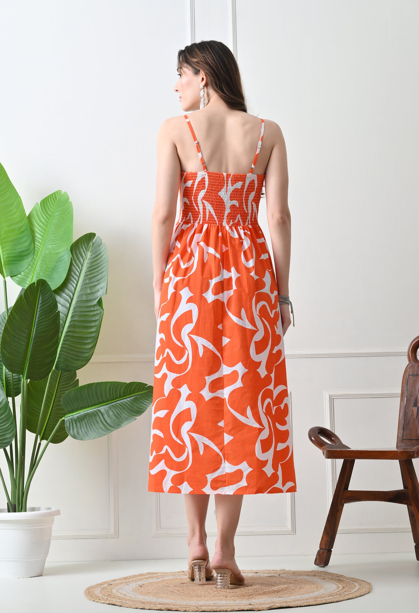 Orange Printed Cotton Fit and Flare Strap Dress