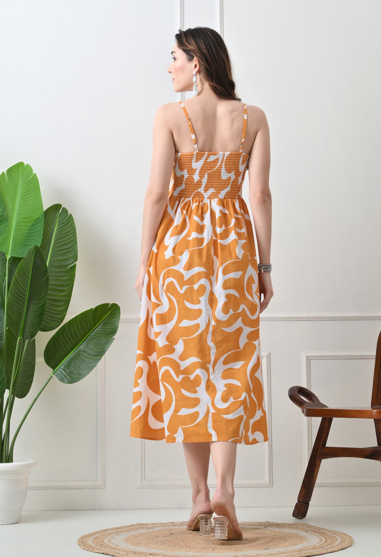 Mustard Printed Cotton Fit and Flare Strap Dress