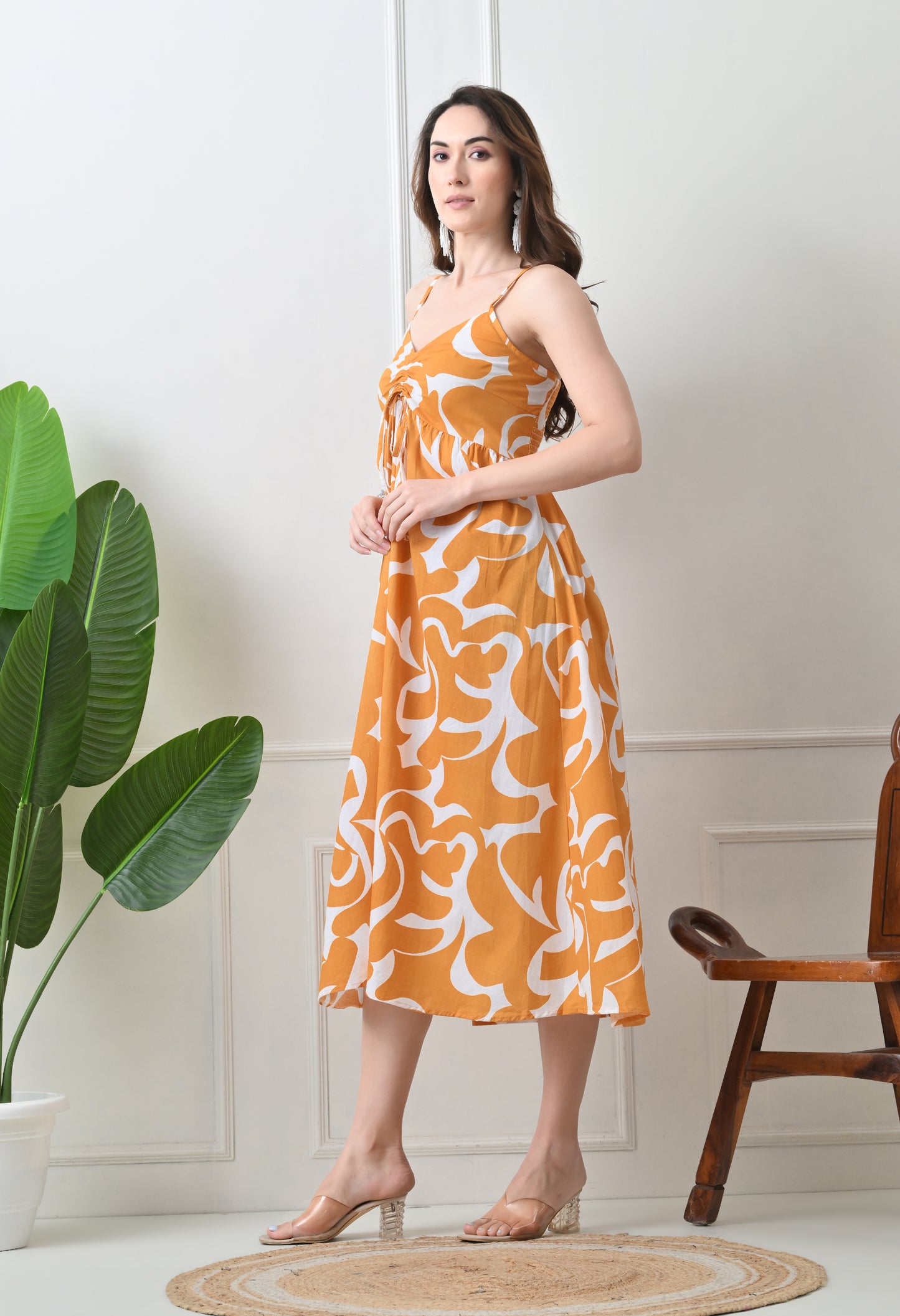 Mustard Printed Cotton Fit and Flare Strap Dress