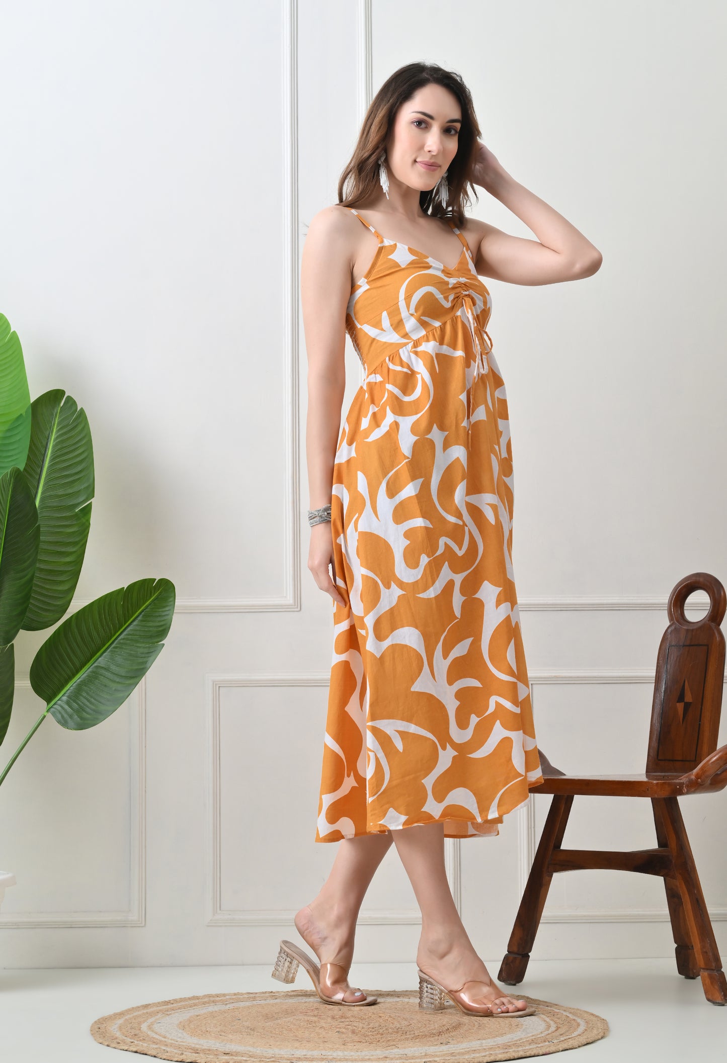 Mustard Printed Cotton Fit and Flare Strap Dress