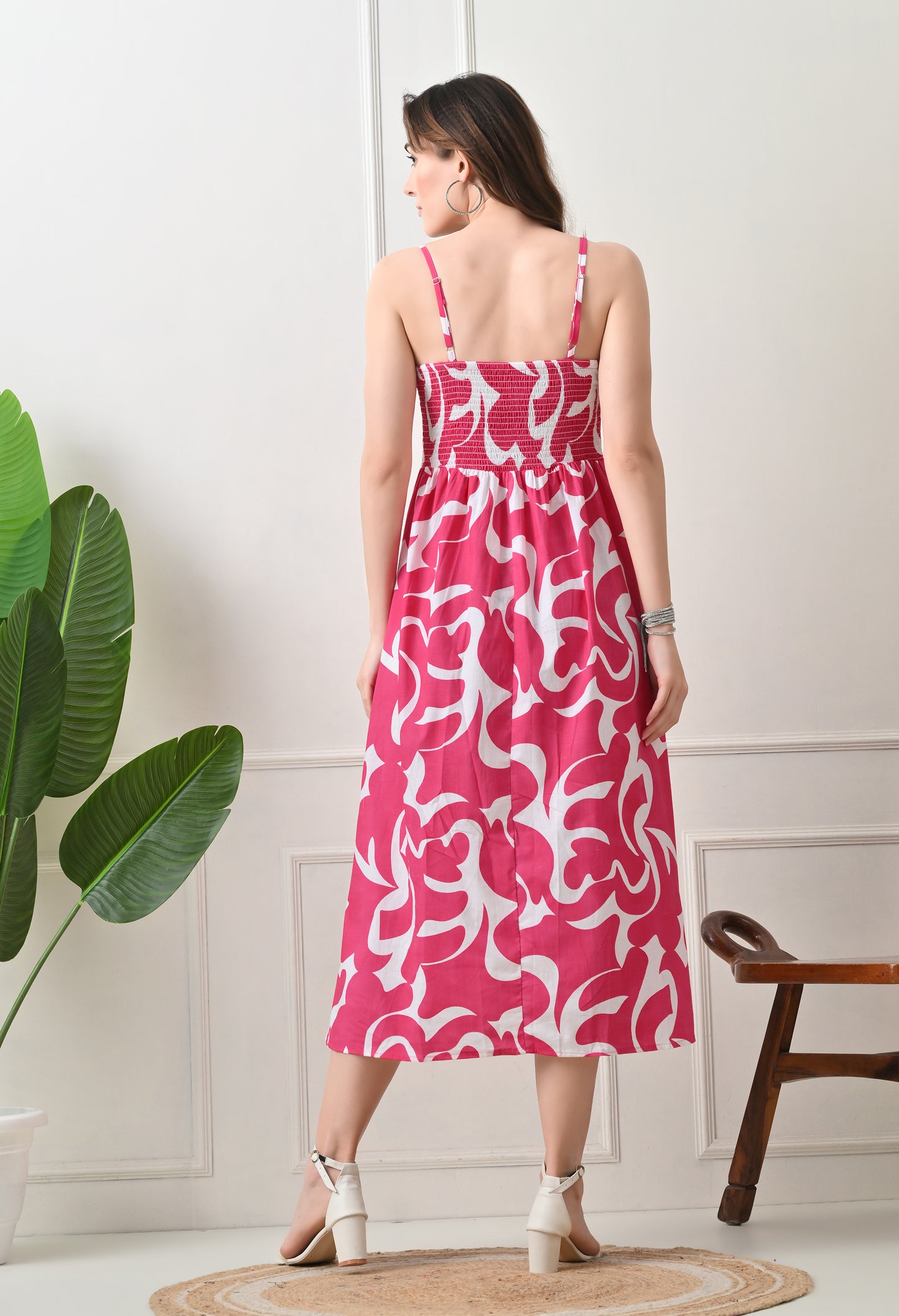 Pink Printed Cotton Fit and Flare Strap Dress