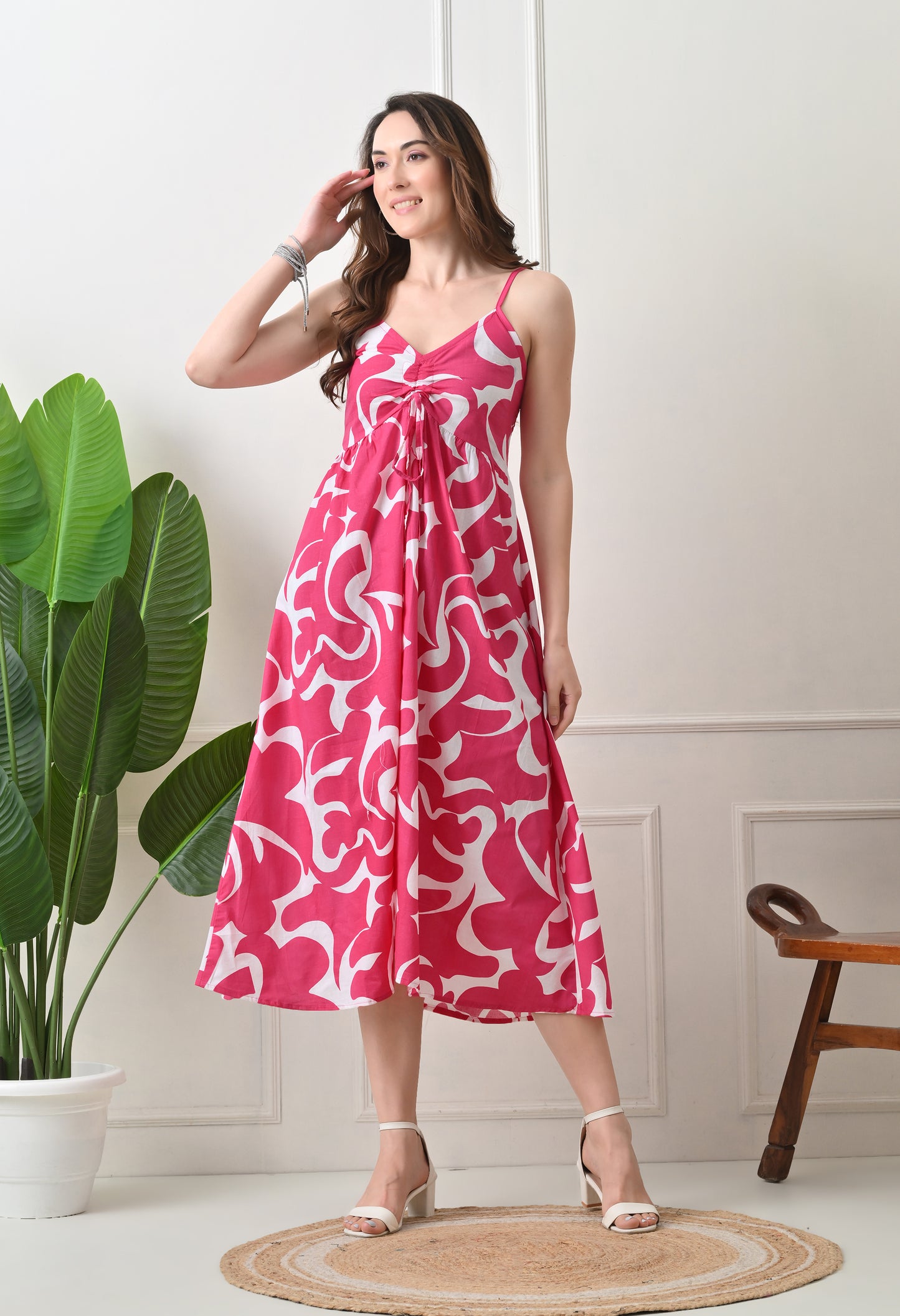 Pink Printed Cotton Fit and Flare Strap Dress