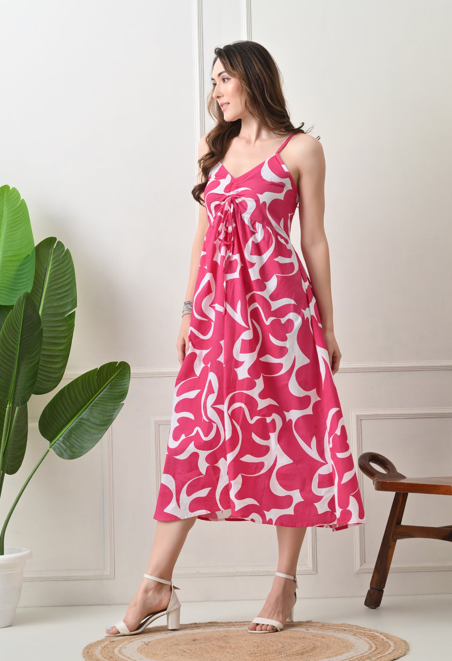 Pink Printed Cotton Fit and Flare Strap Dress