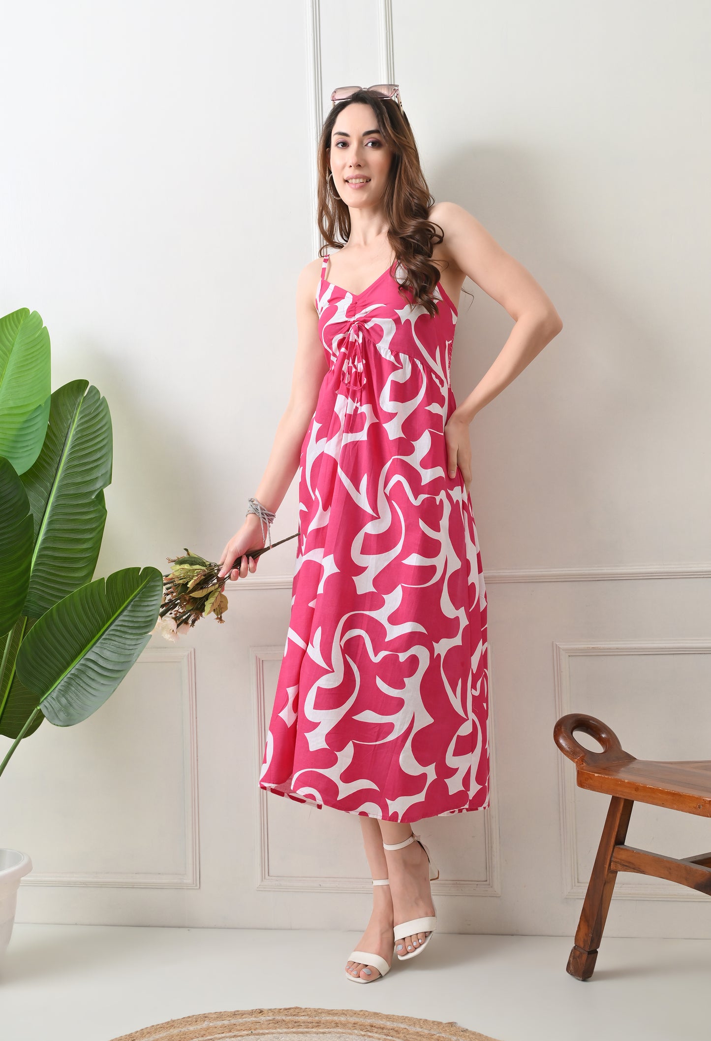 Pink Printed Cotton Fit and Flare Strap Dress