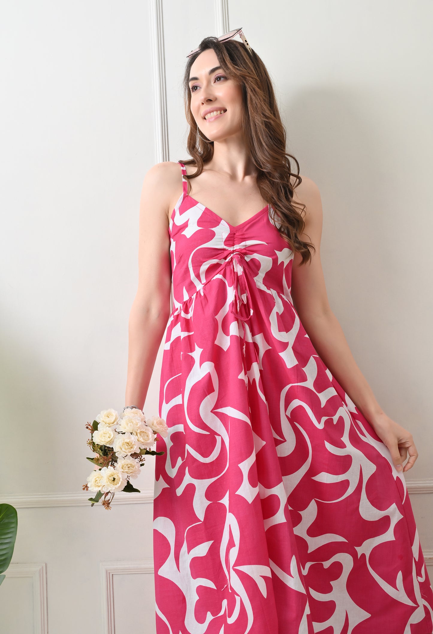 Pink Printed Cotton Fit and Flare Strap Dress