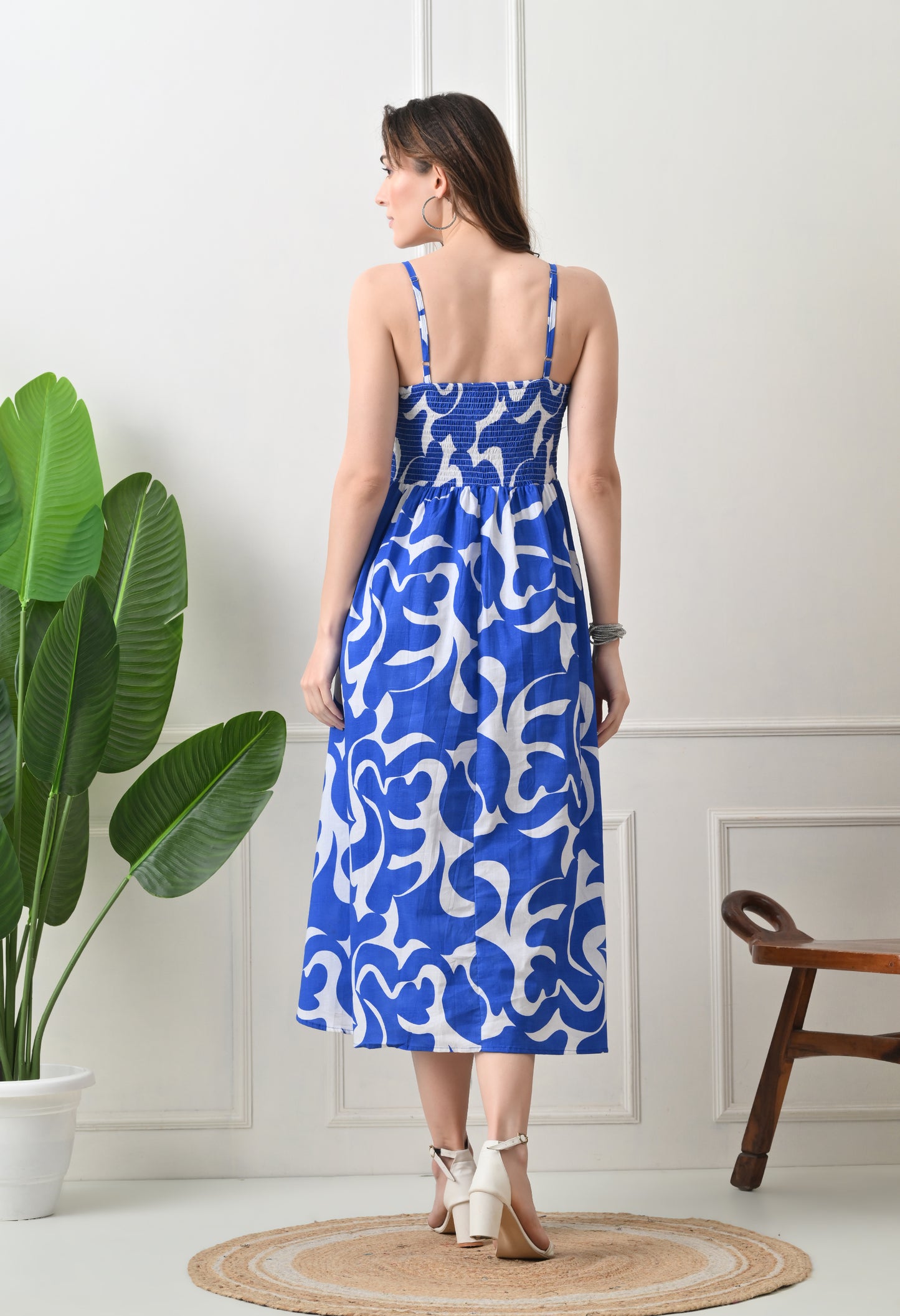 Blue Printed Cotton Fit and Flare Strap Dress