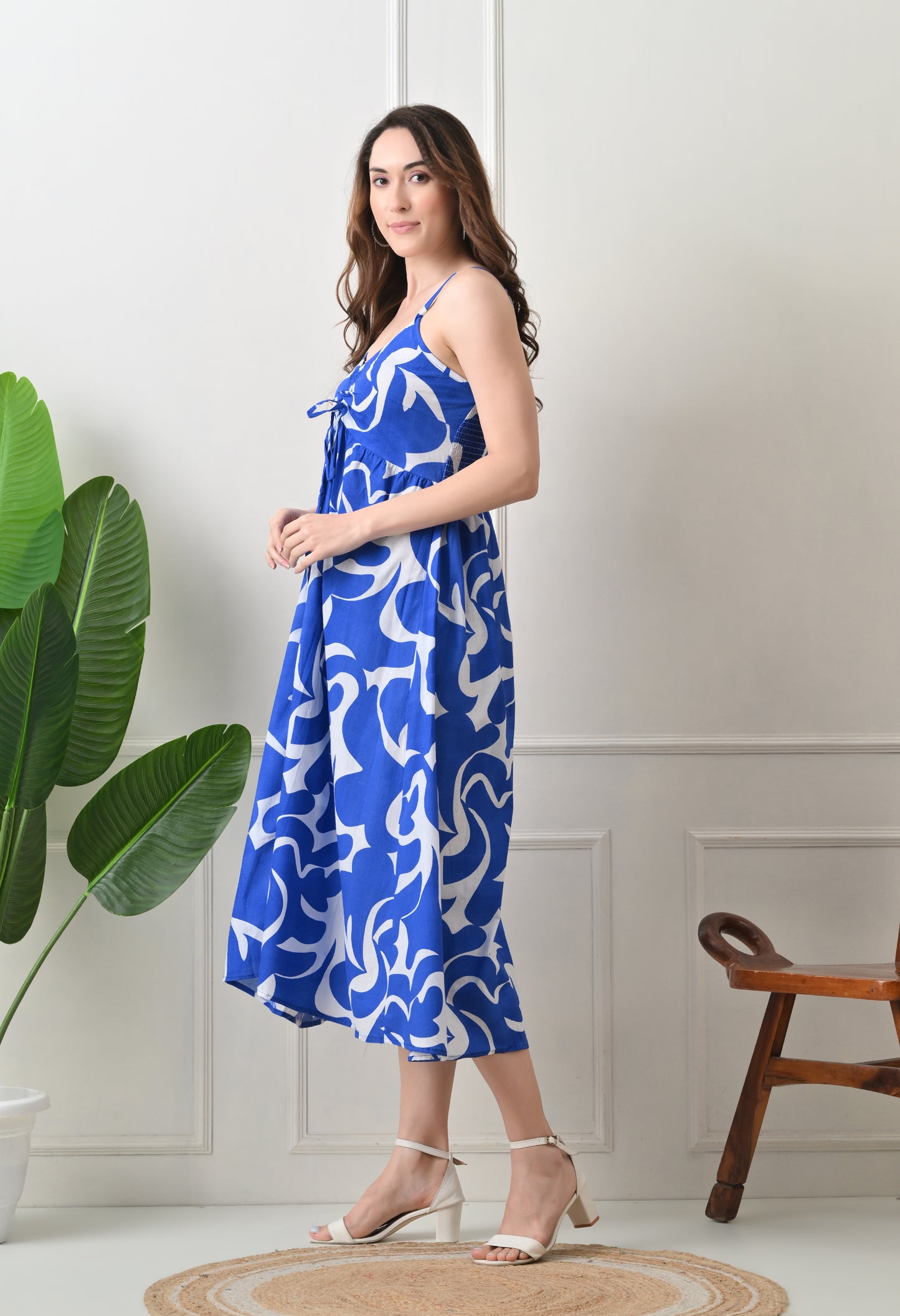 Blue Printed Cotton Fit and Flare Strap Dress