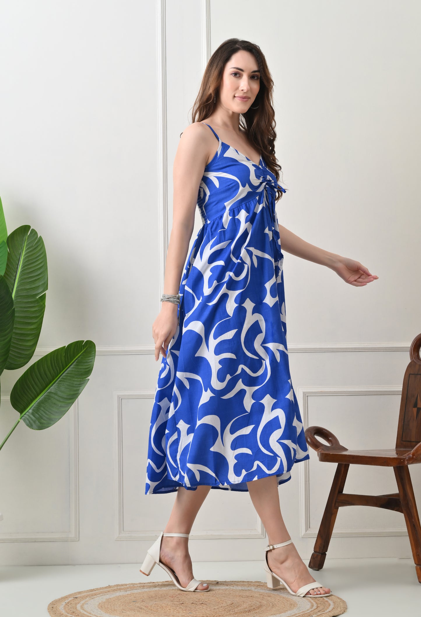 Blue Printed Cotton Fit and Flare Strap Dress
