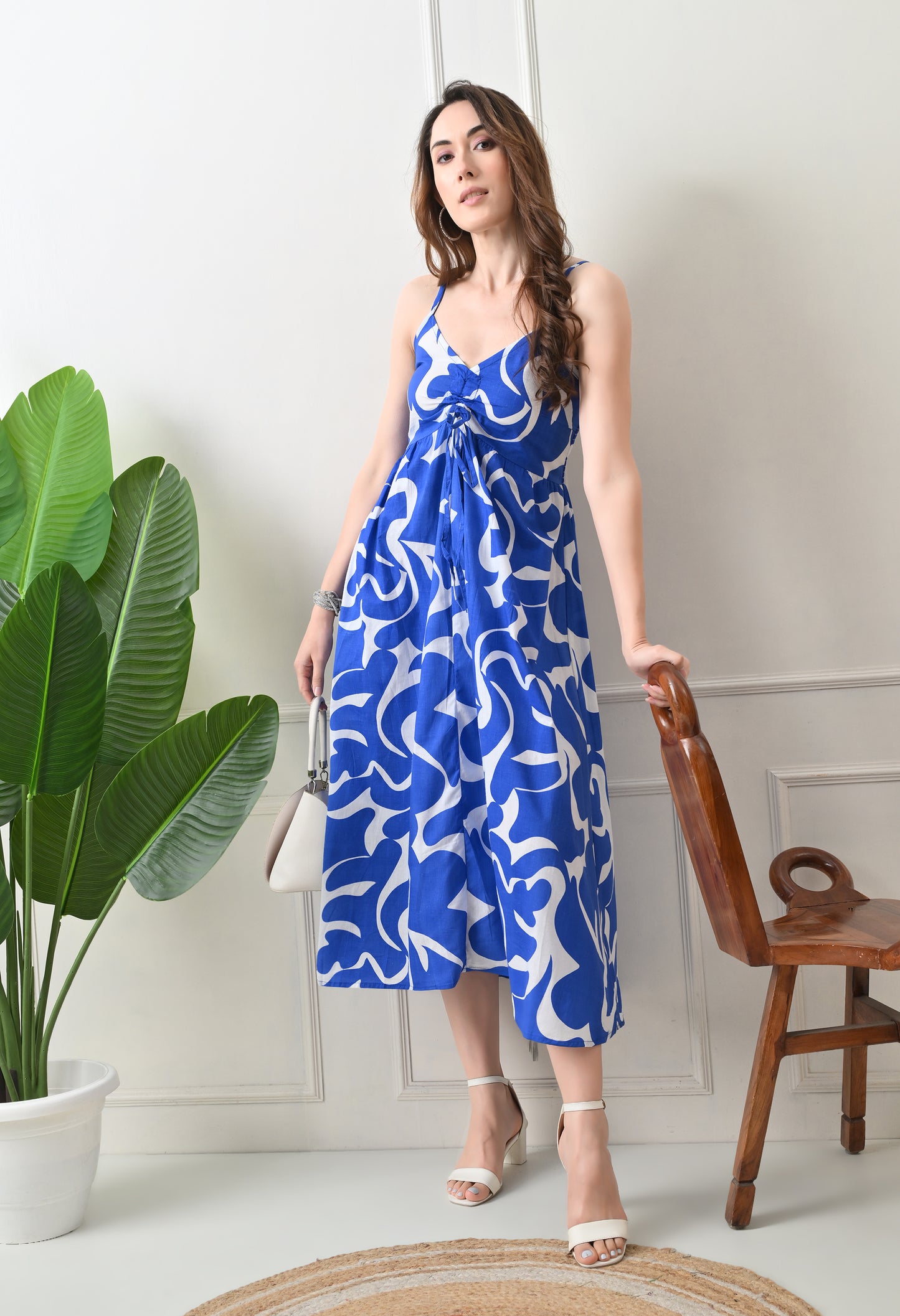 Blue Printed Cotton Fit and Flare Strap Dress