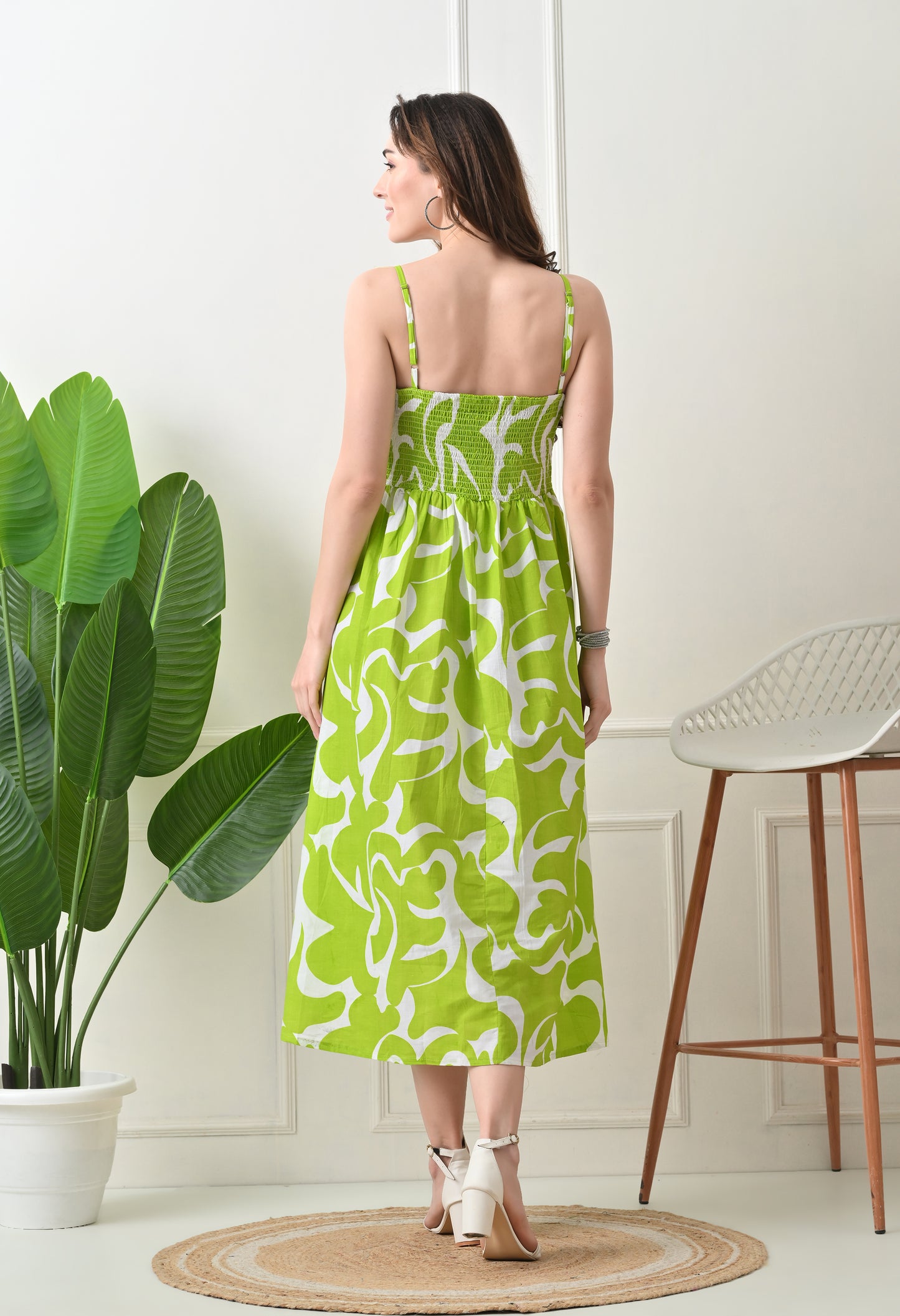 Green Printed Cotton Fit and Flare Strap Dress