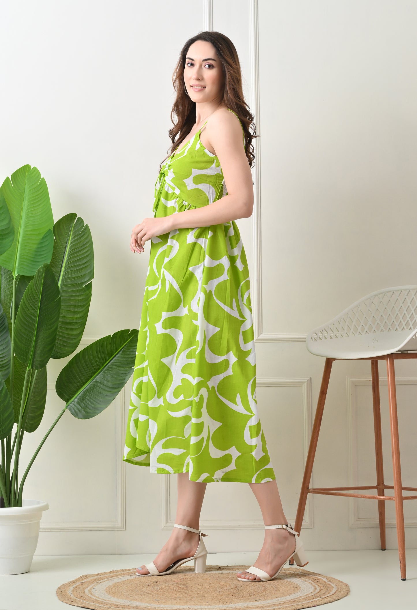 Green Printed Cotton Fit and Flare Strap Dress