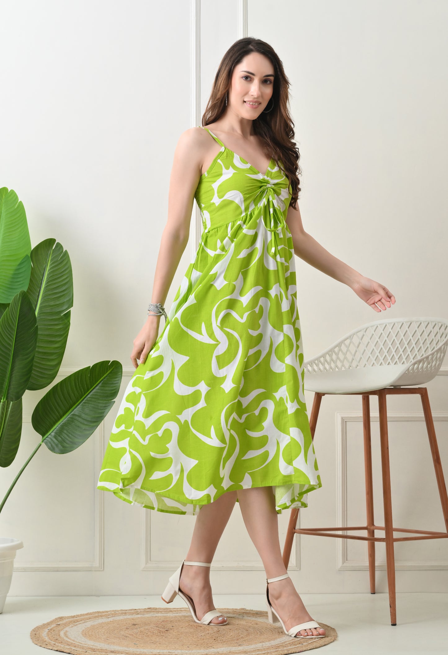 Green Printed Cotton Fit and Flare Strap Dress