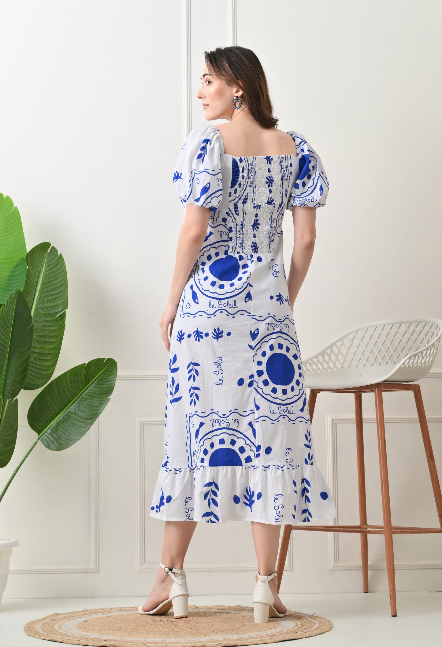 Blue Flower Printed Cotton Dress