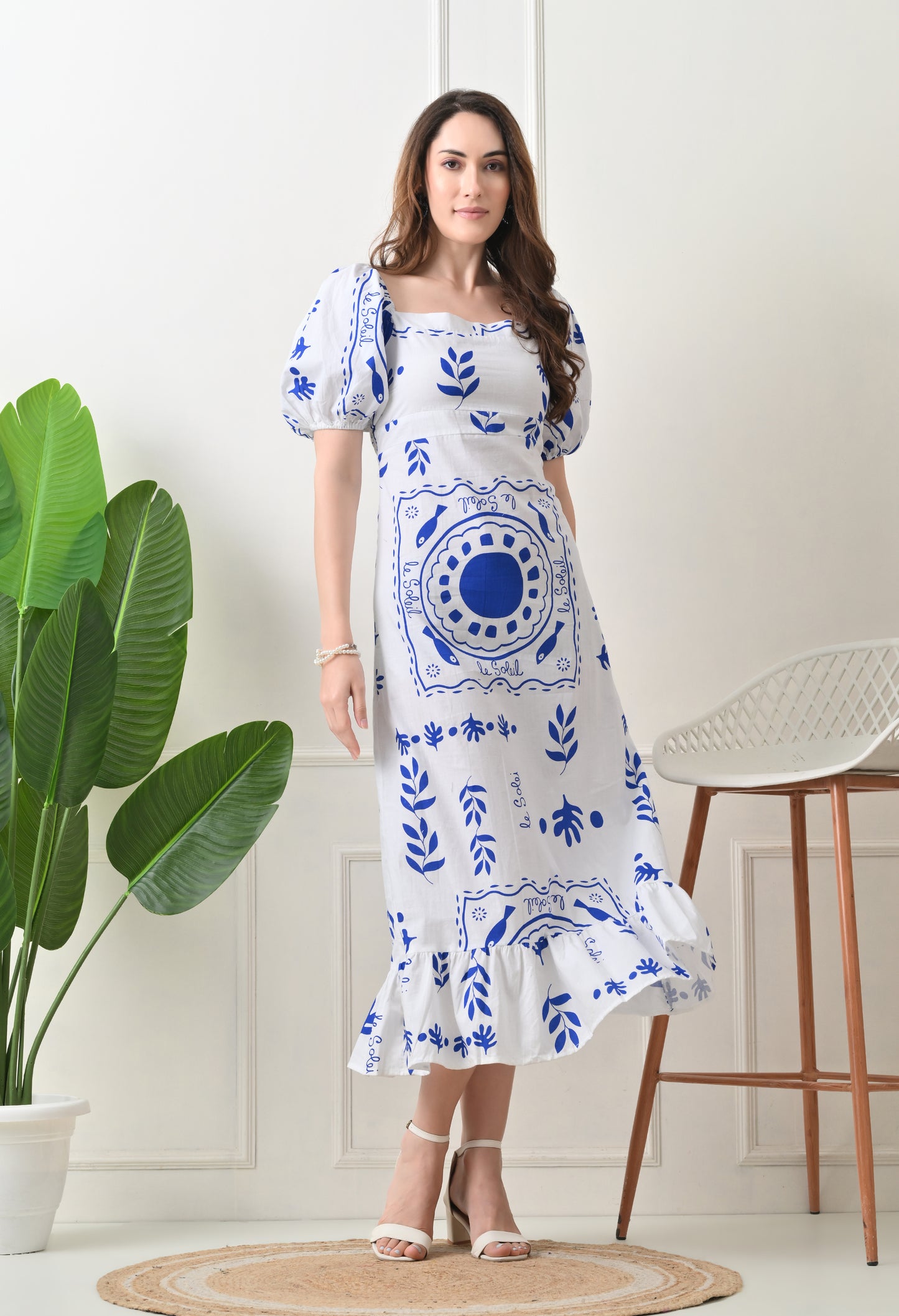 Blue Flower Printed Cotton Dress