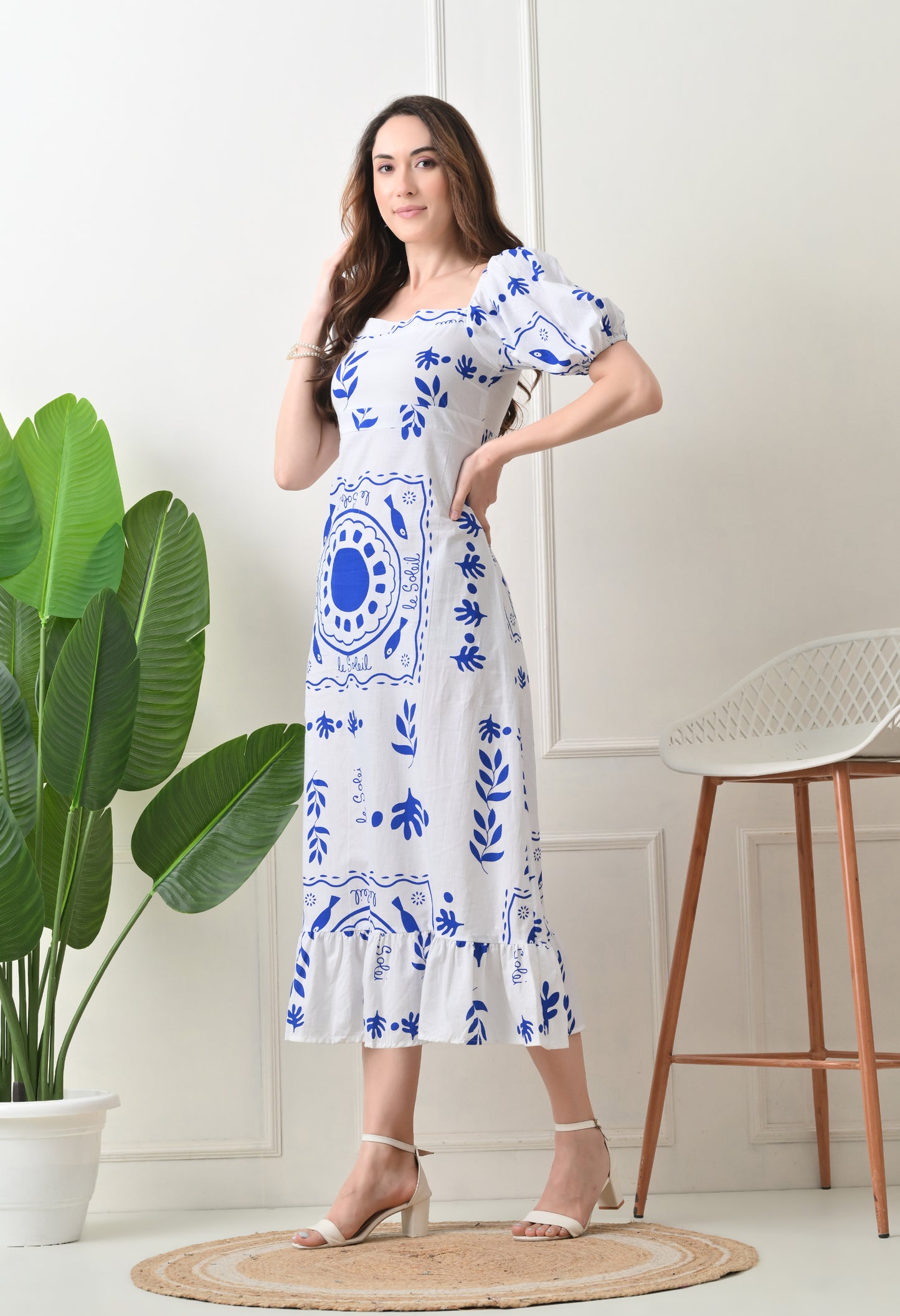 Blue Flower Printed Cotton Dress