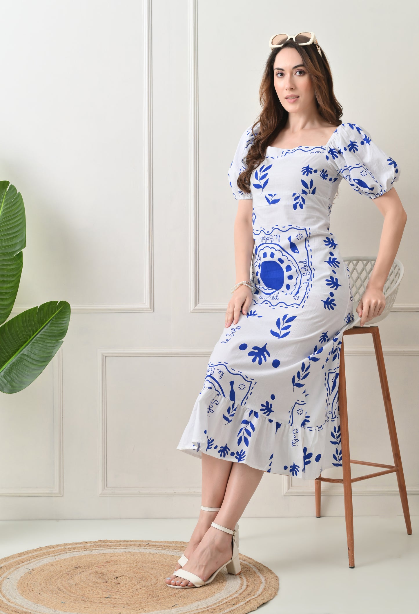 Blue Flower Printed Cotton Dress