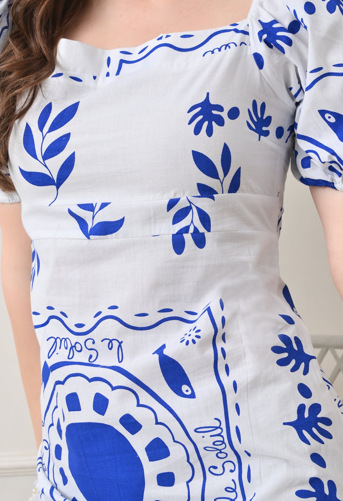 Blue Flower Printed Cotton Dress