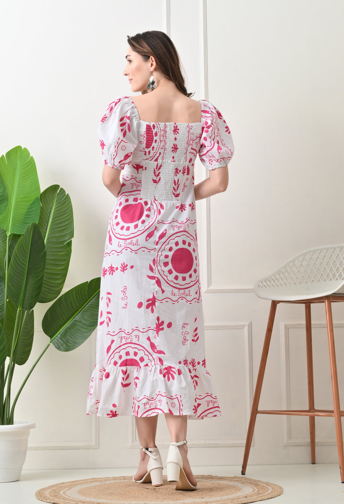 Pink Flower Printed Cotton Dress