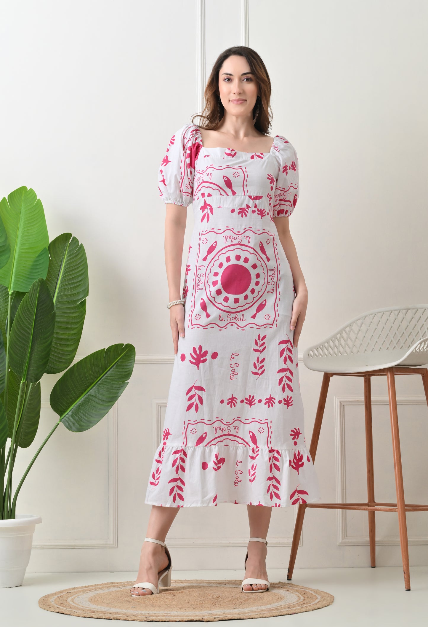 Pink Flower Printed Cotton Dress