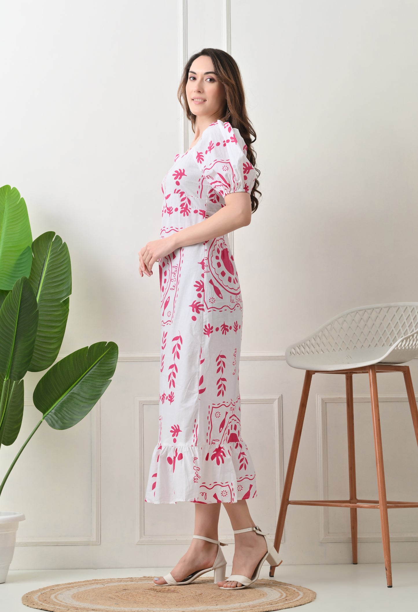 Pink Flower Printed Cotton Dress