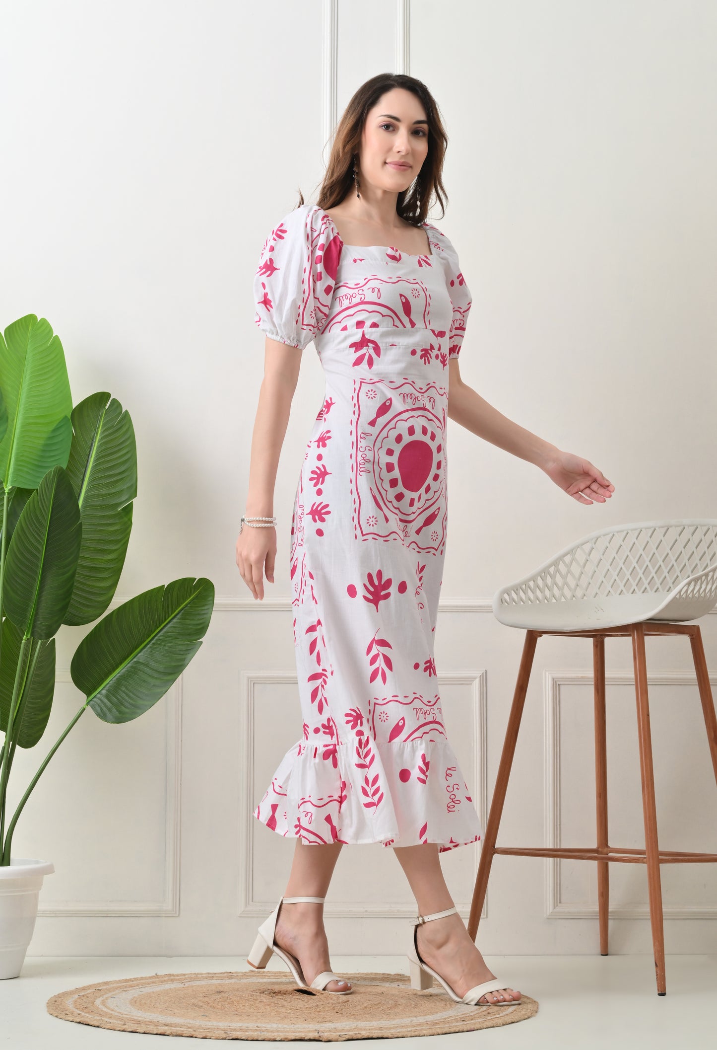 Pink Flower Printed Cotton Dress