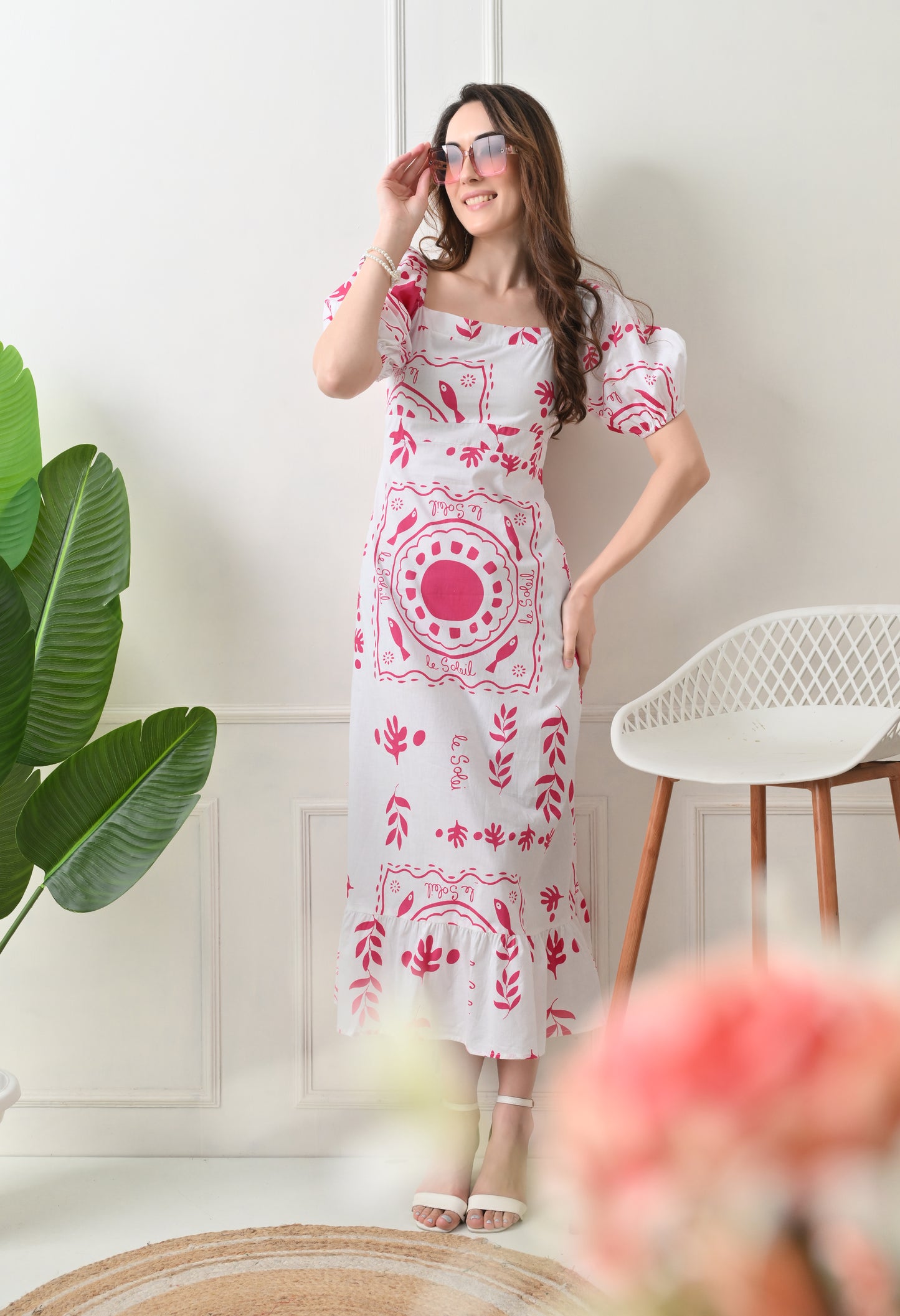 Pink Flower Printed Cotton Dress