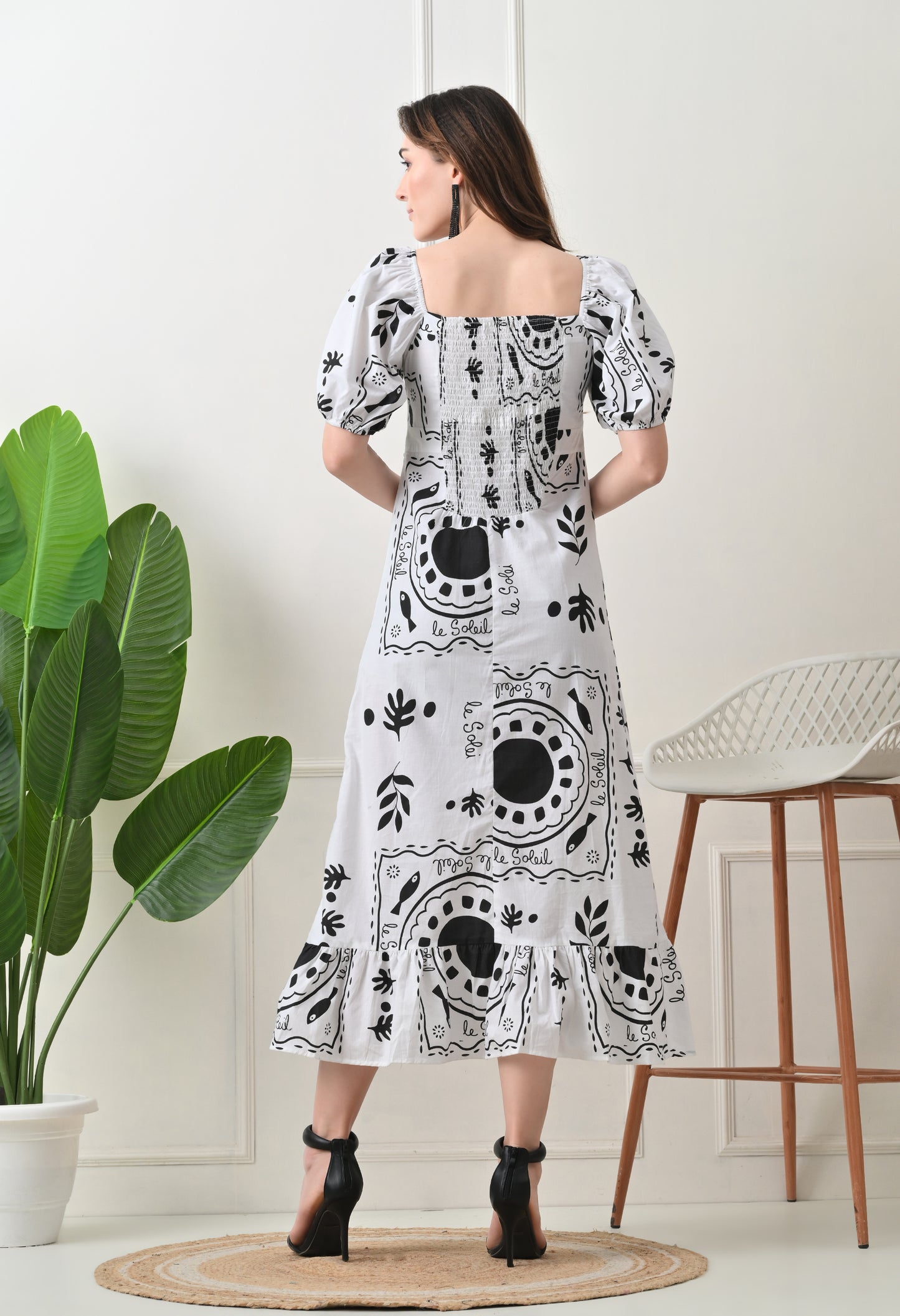 Black Flower Printed Cotton Dress