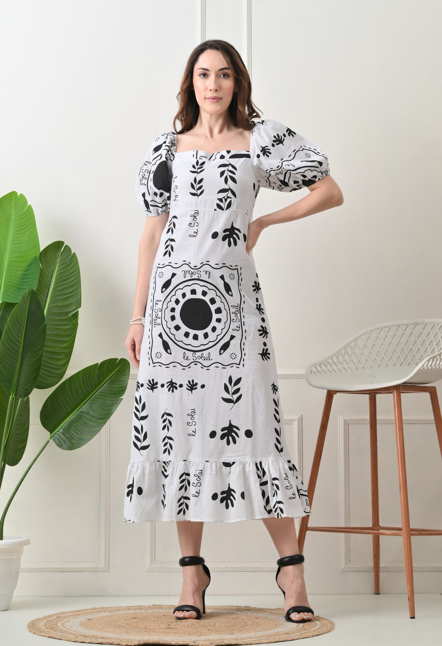 Black Flower Printed Cotton Dress