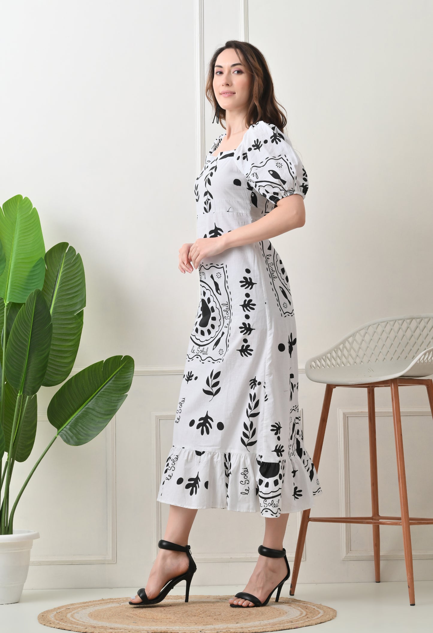 Black Flower Printed Cotton Dress
