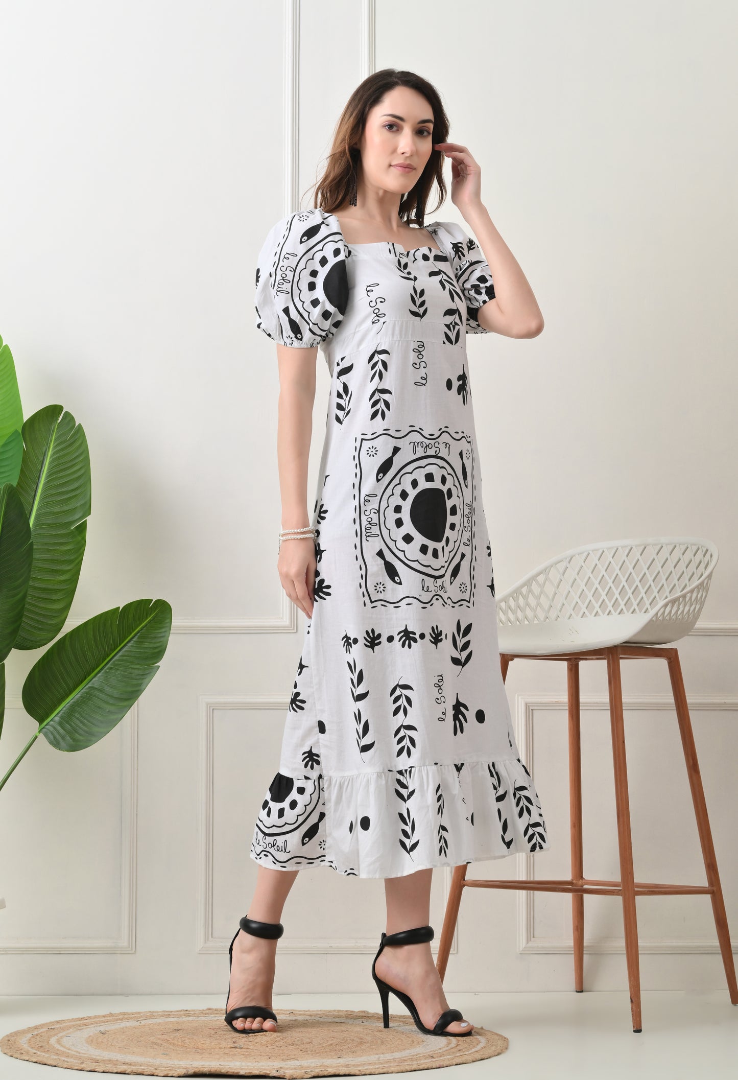 Black Flower Printed Cotton Dress