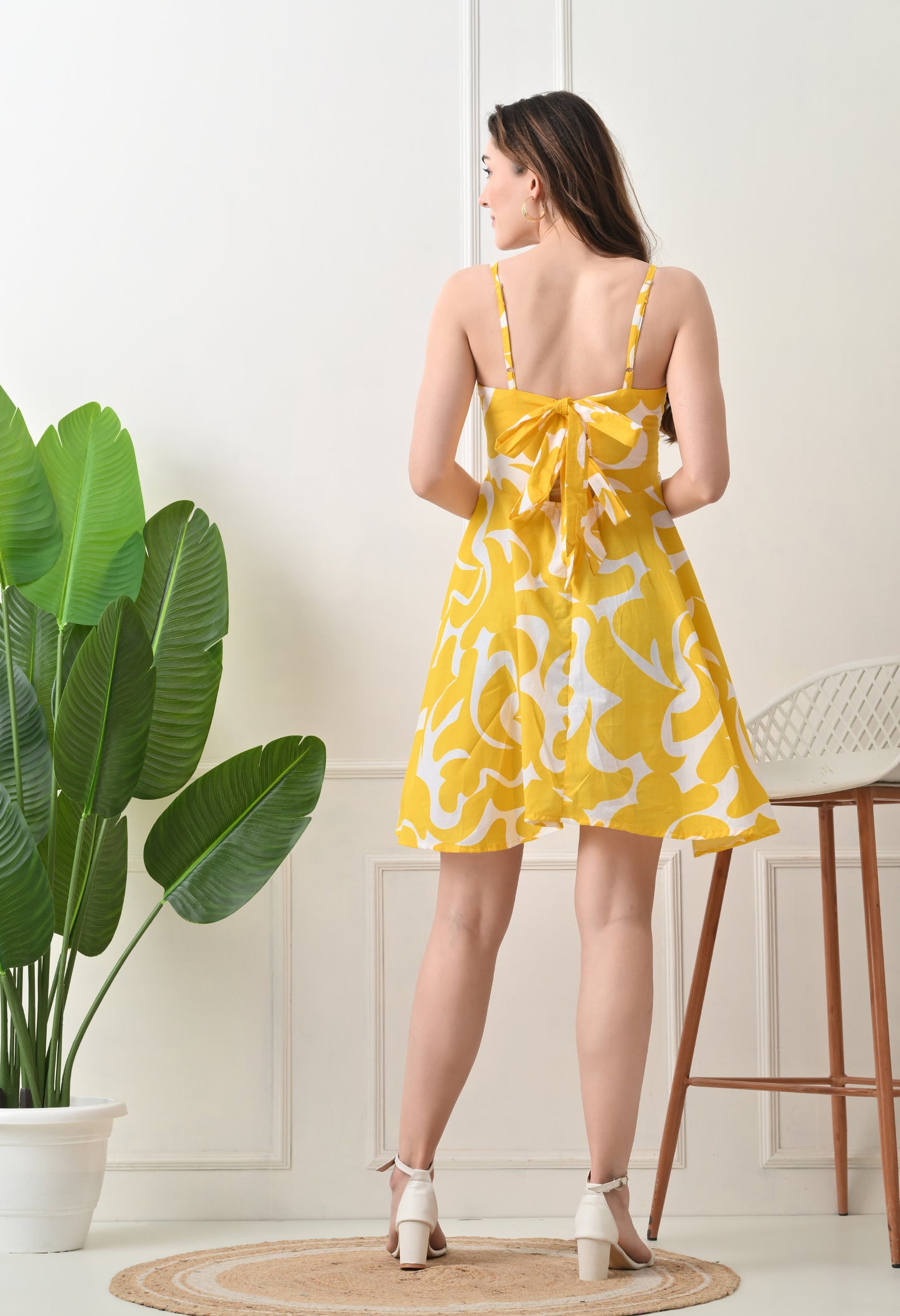 Yellow Printed Cotton knew Length Strap Dress
