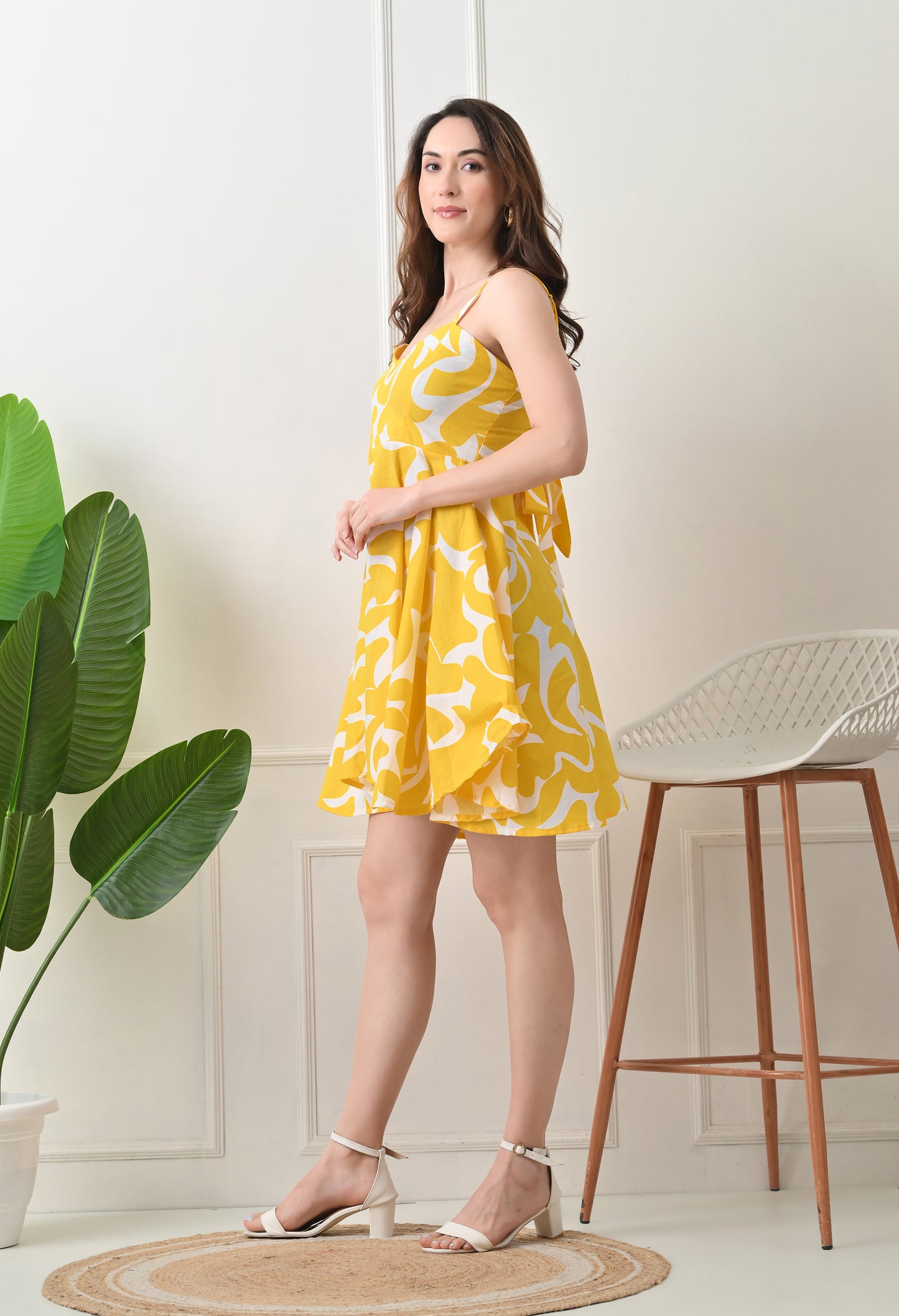 Yellow Printed Cotton knew Length Strap Dress