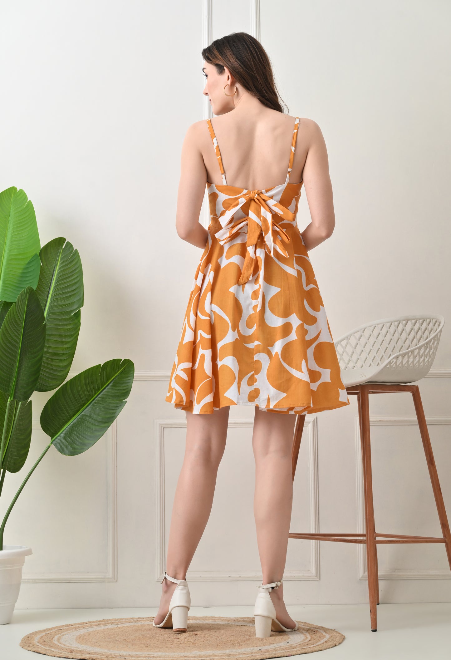 Mustard Printed Cotton knew Length Strap Dress