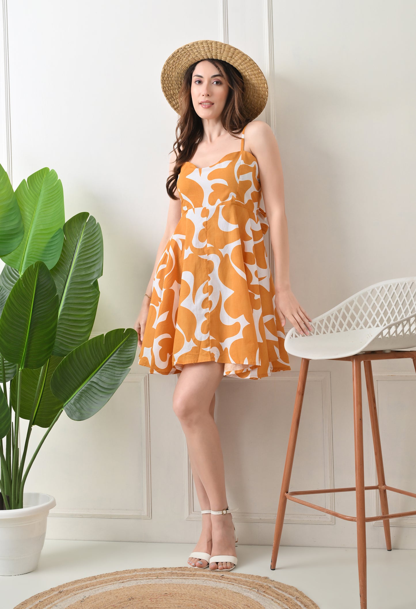 Mustard Printed Cotton knew Length Strap Dress