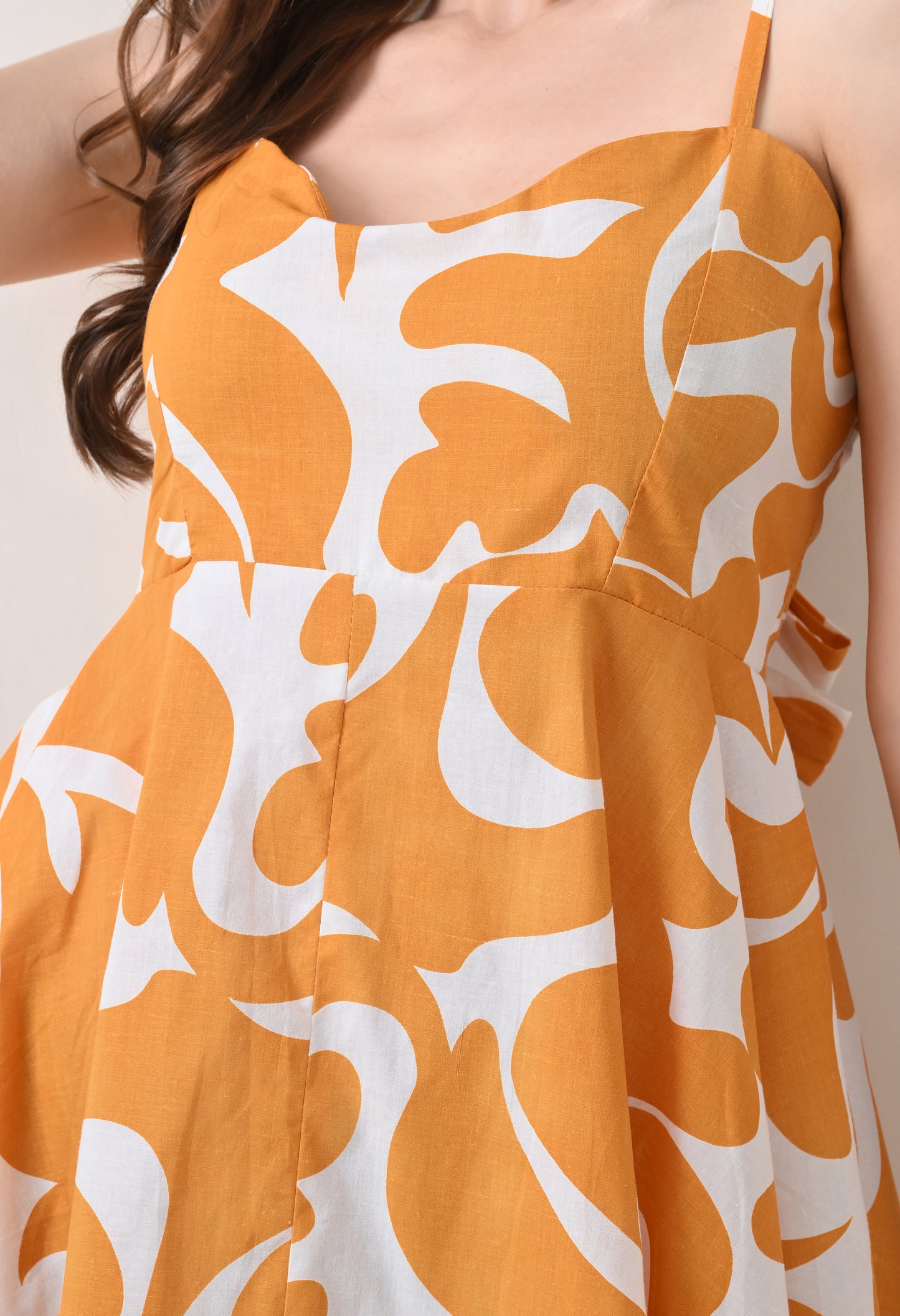 Mustard Printed Cotton knew Length Strap Dress