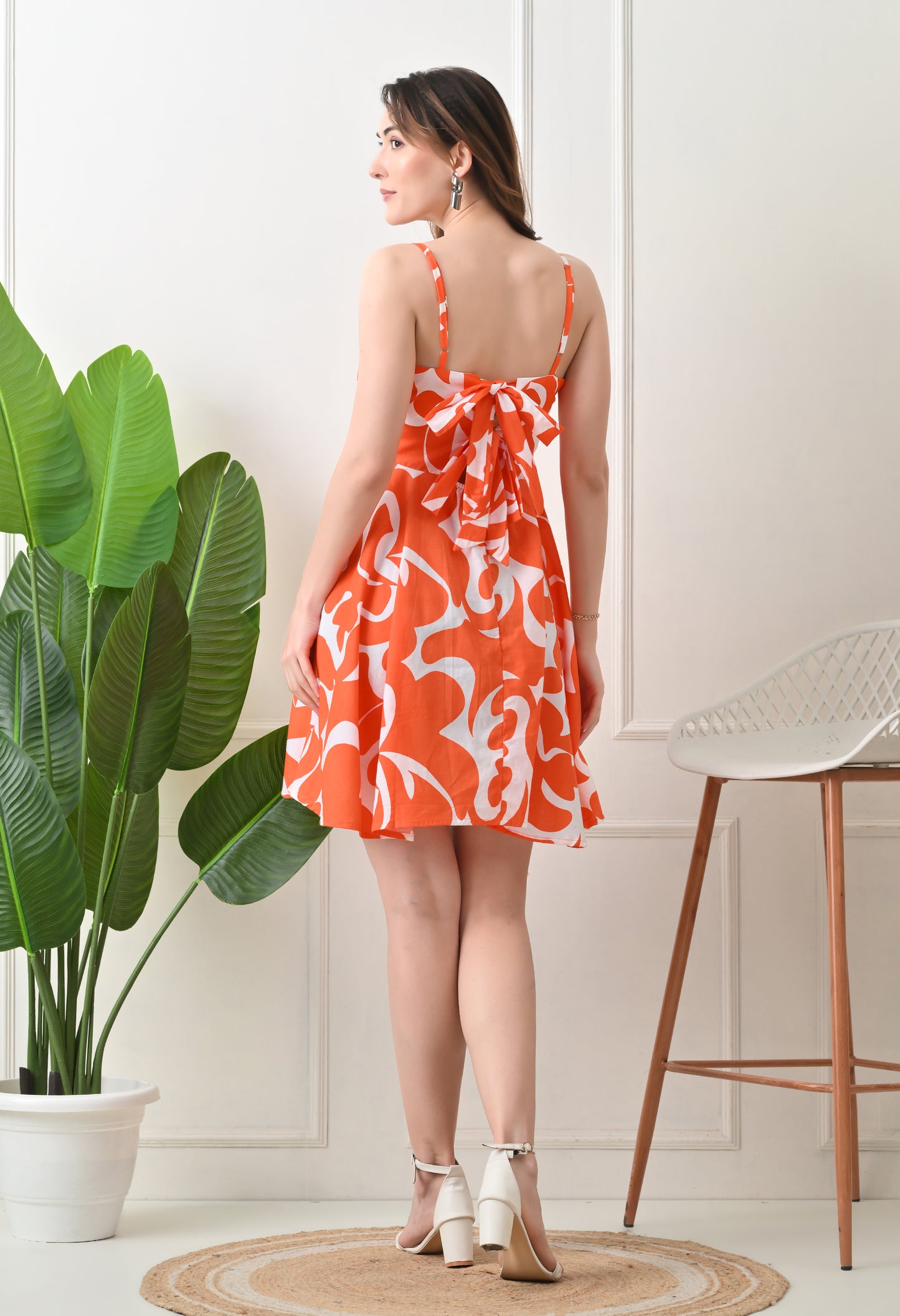 Orange Printed Cotton knew Length Strap Dress