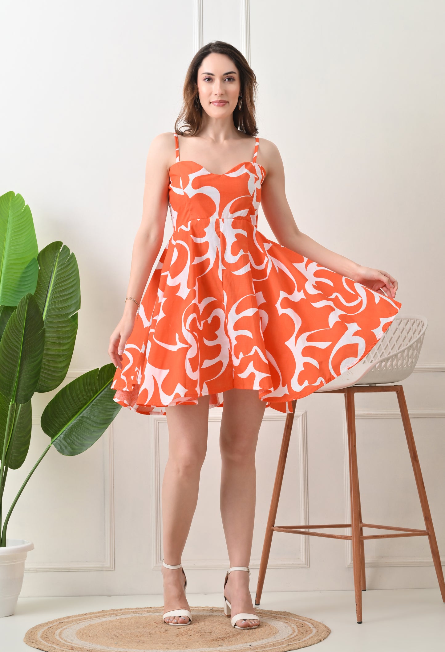 Orange Printed Cotton knew Length Strap Dress