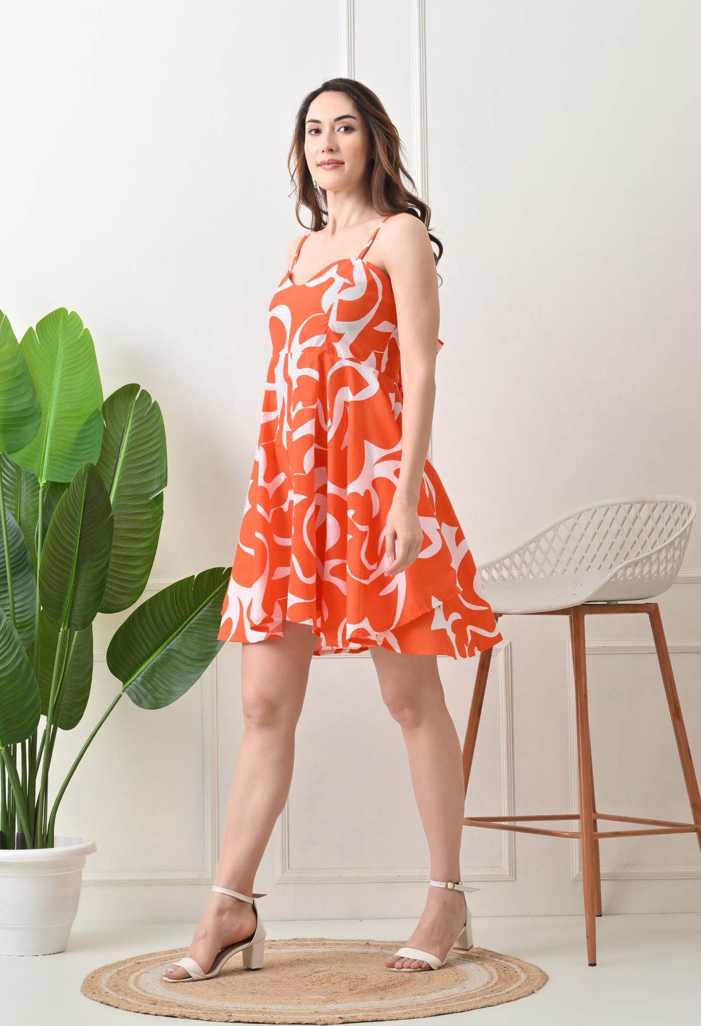 Orange Printed Cotton knew Length Strap Dress