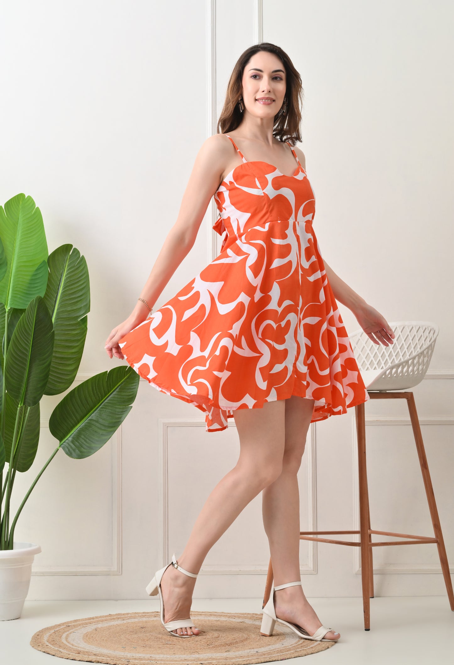 Orange Printed Cotton knew Length Strap Dress