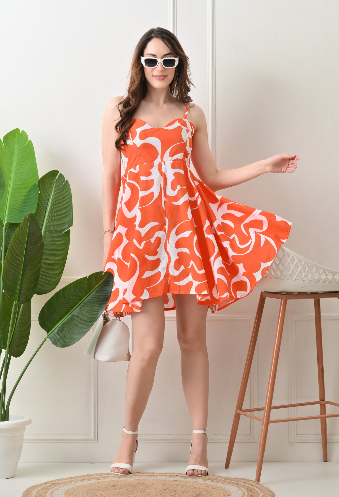 Orange Printed Cotton knew Length Strap Dress