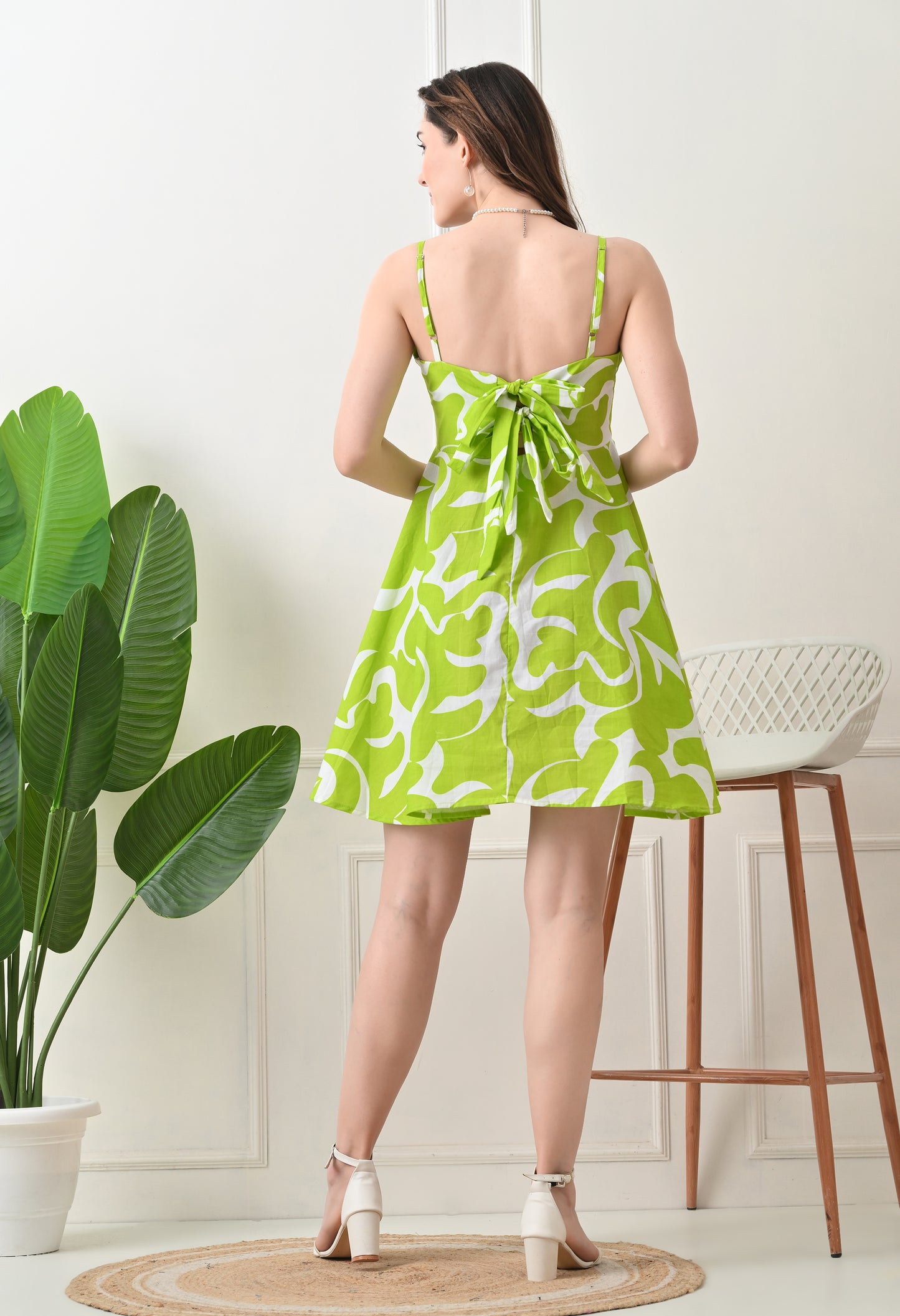Green Printed Cotton knew Length Strap Dress