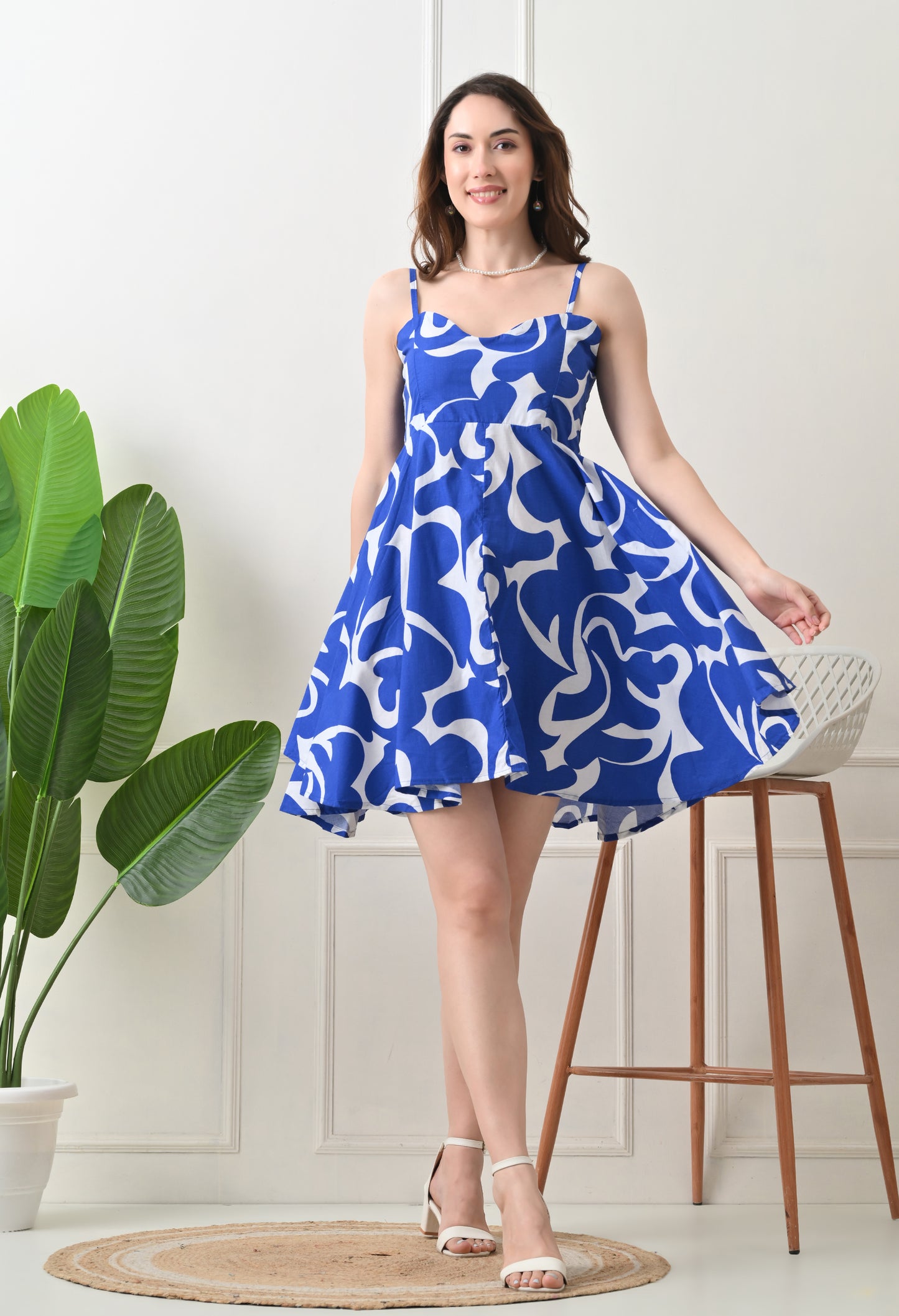 Blue Printed Cotton knew Length Strap Dress