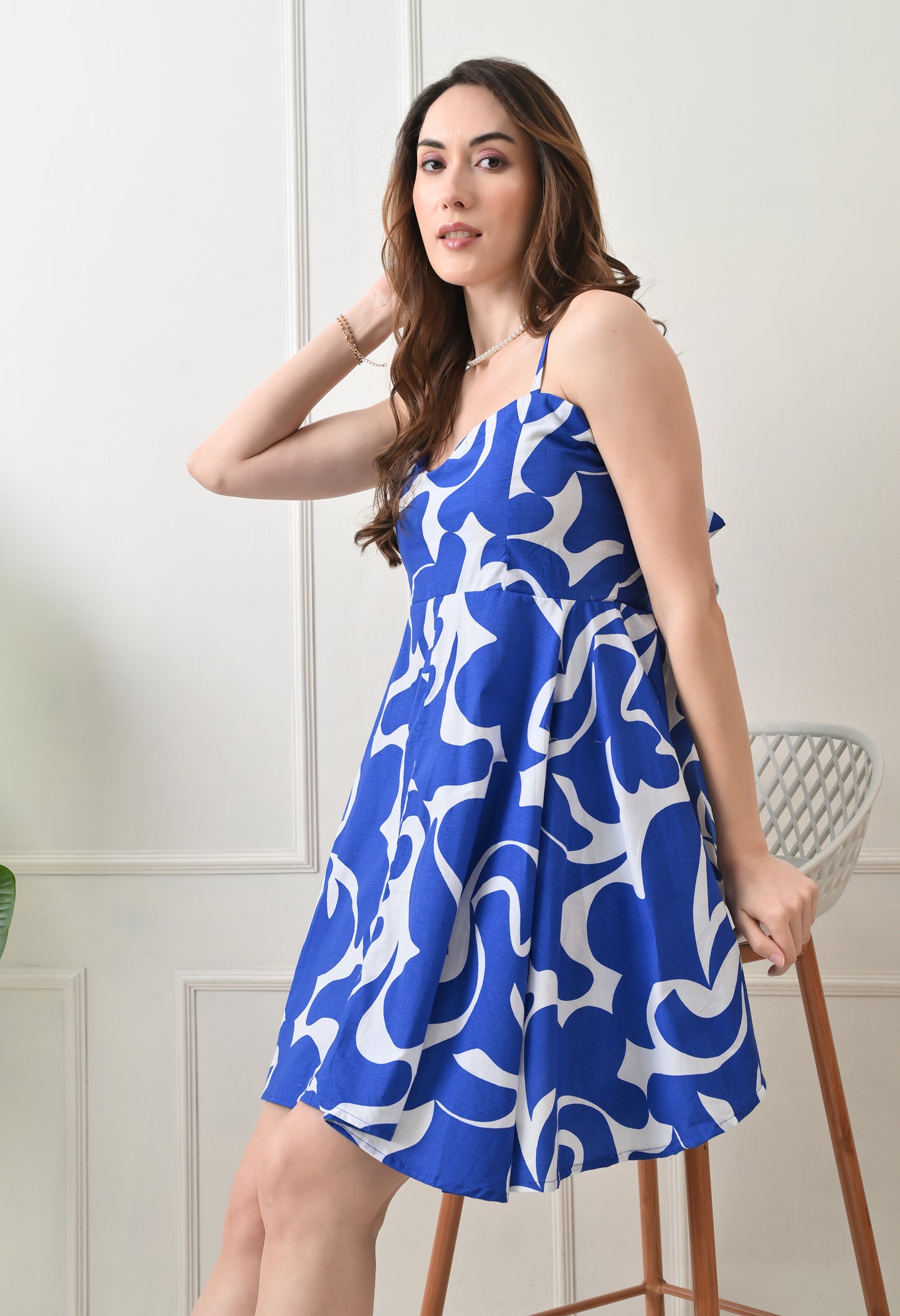 Blue Printed Cotton knew Length Strap Dress