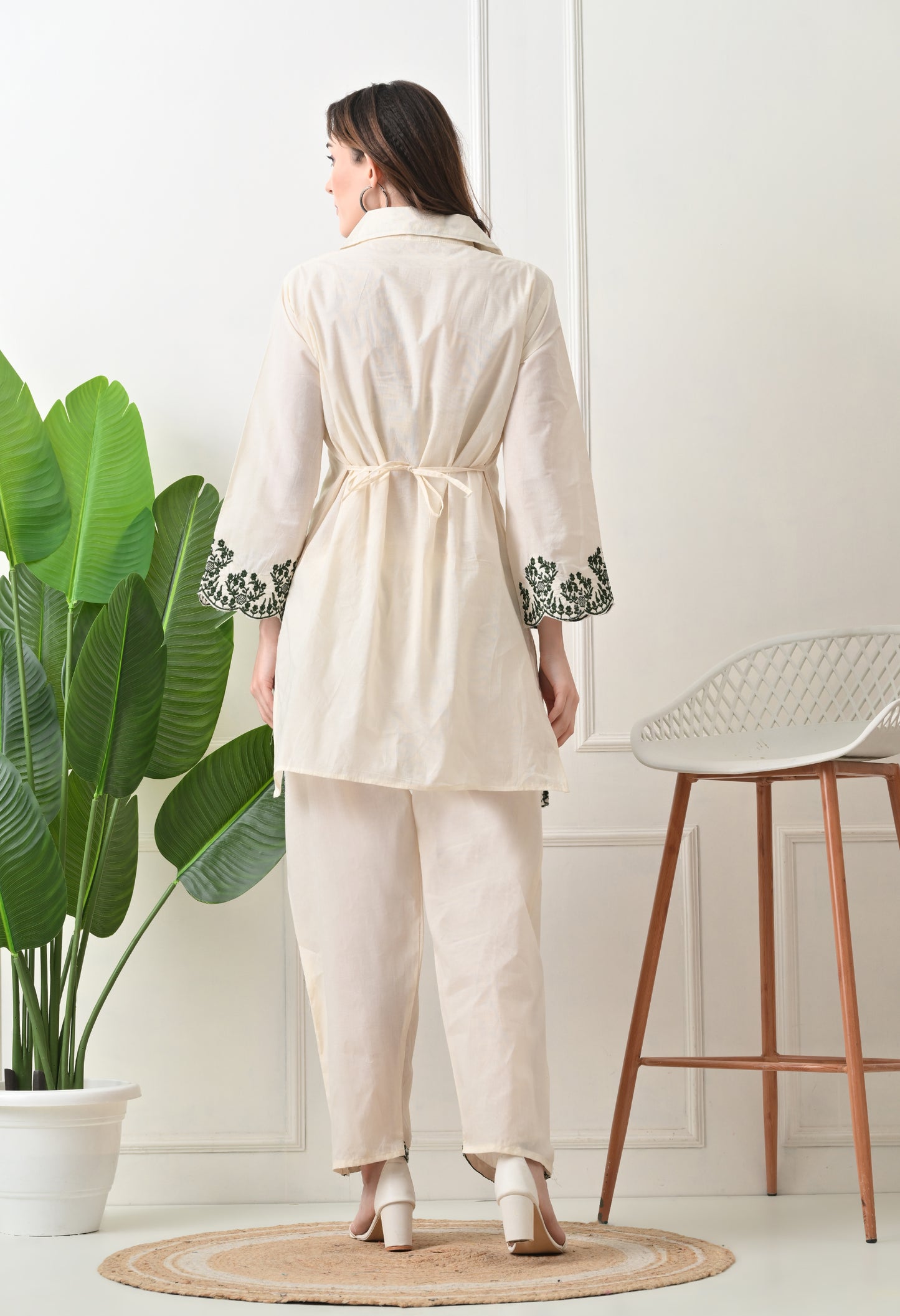 Beige Embroidered Thread Work Collar Shirt Kurta with Trouser