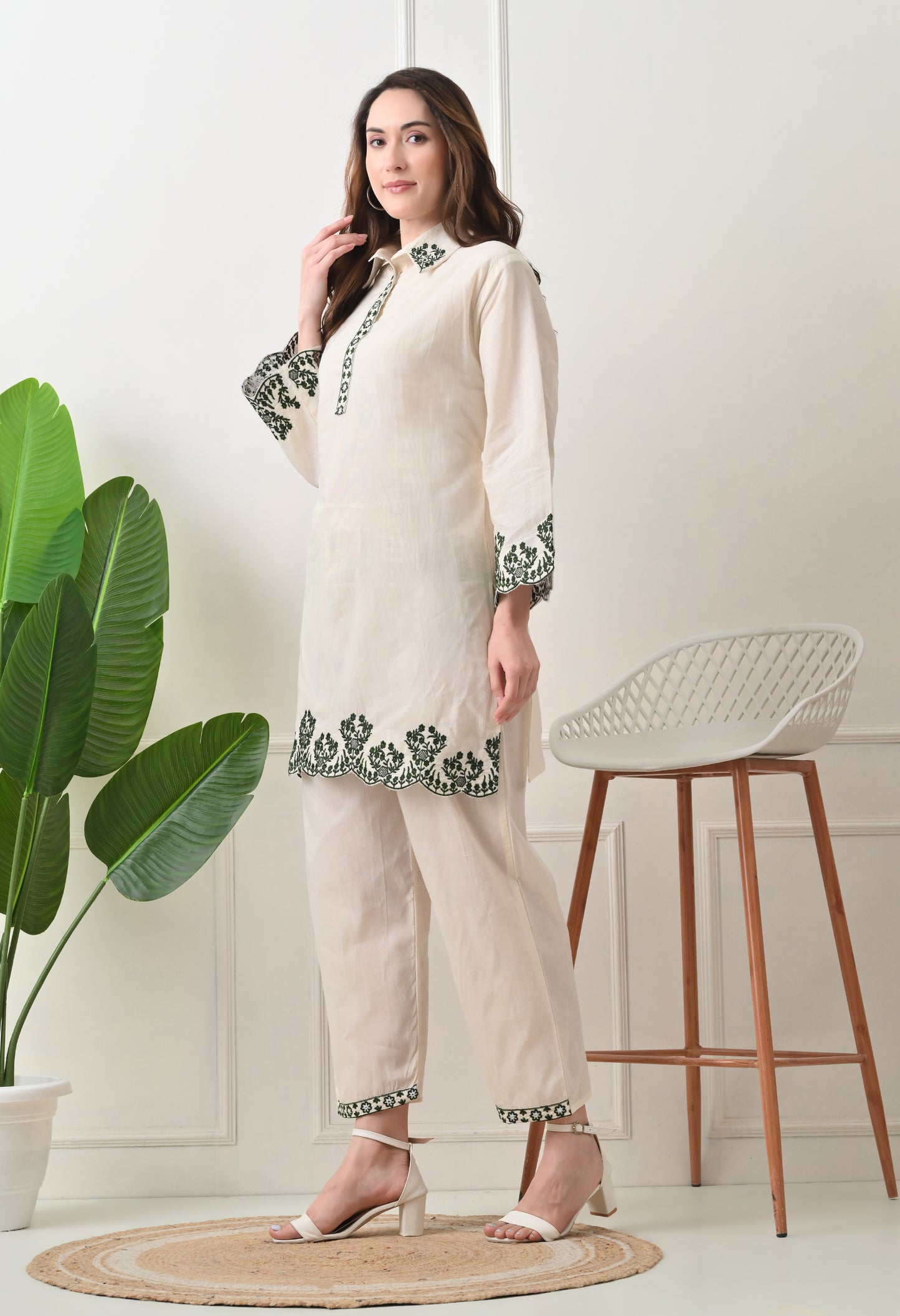 Beige Embroidered Thread Work Collar Shirt Kurta with Trouser