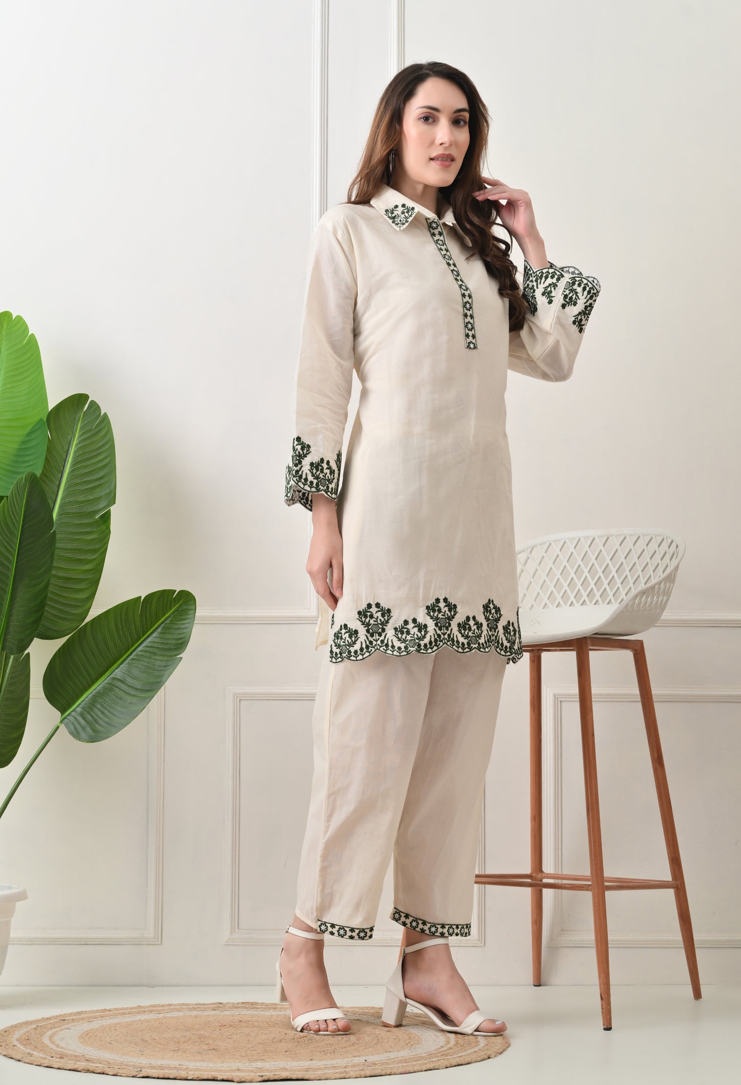 Beige Embroidered Thread Work Collar Shirt Kurta with Trouser
