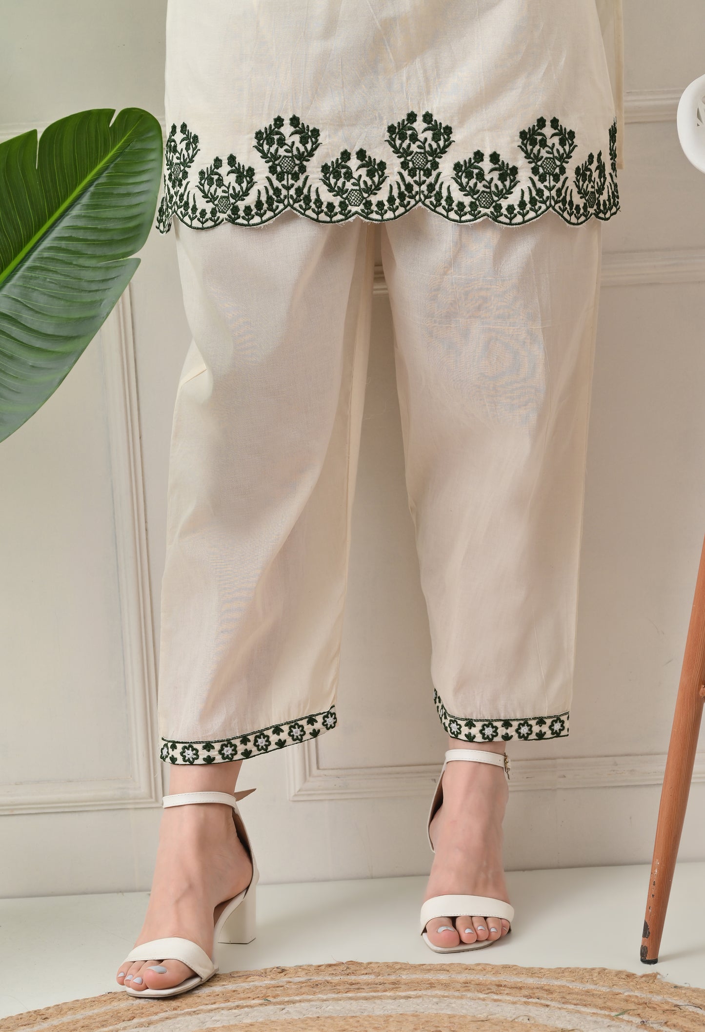 Beige Embroidered Thread Work Collar Shirt Kurta with Trouser