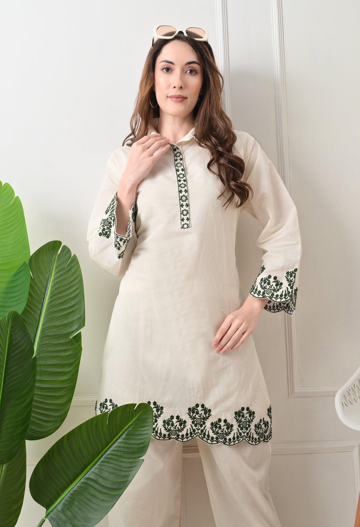 Beige Embroidered Thread Work Collar Shirt Kurta with Trouser